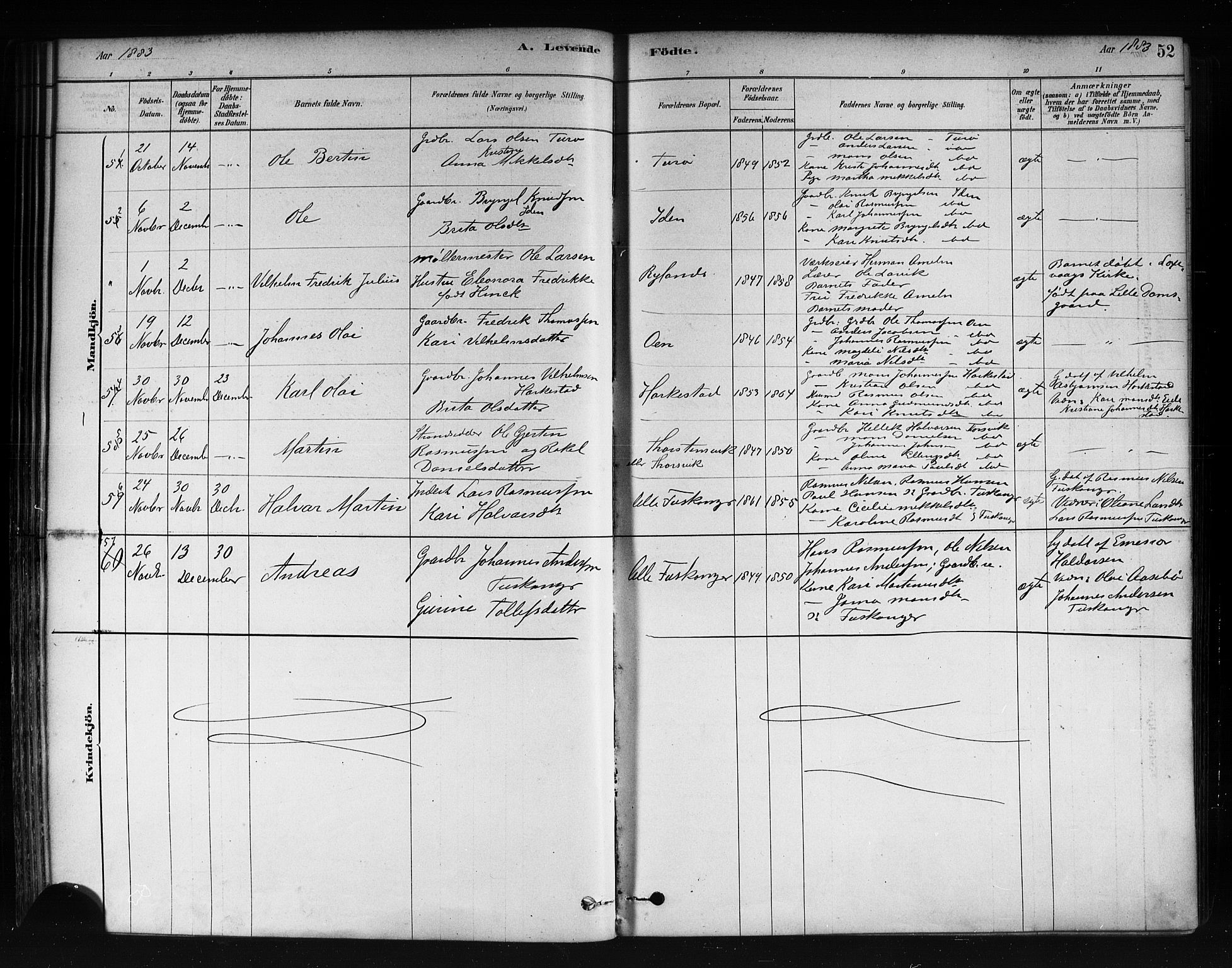 Herdla Sokneprestembete, AV/SAB-A-75701/H/Haa: Parish register (official) no. A 3, 1878-1890, p. 52