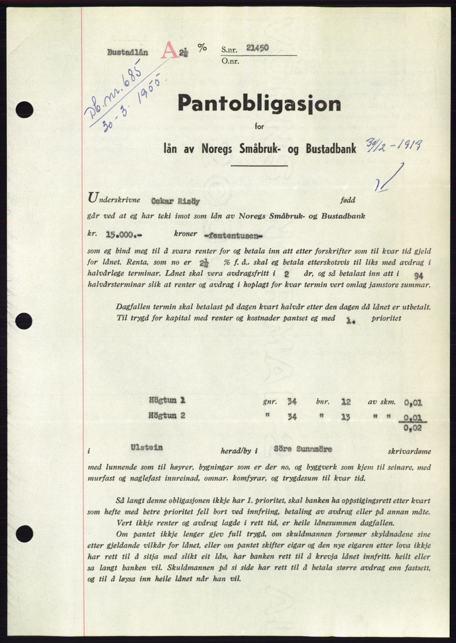 Søre Sunnmøre sorenskriveri, AV/SAT-A-4122/1/2/2C/L0126: Mortgage book no. 14B, 1954-1955, Diary no: : 685/1955