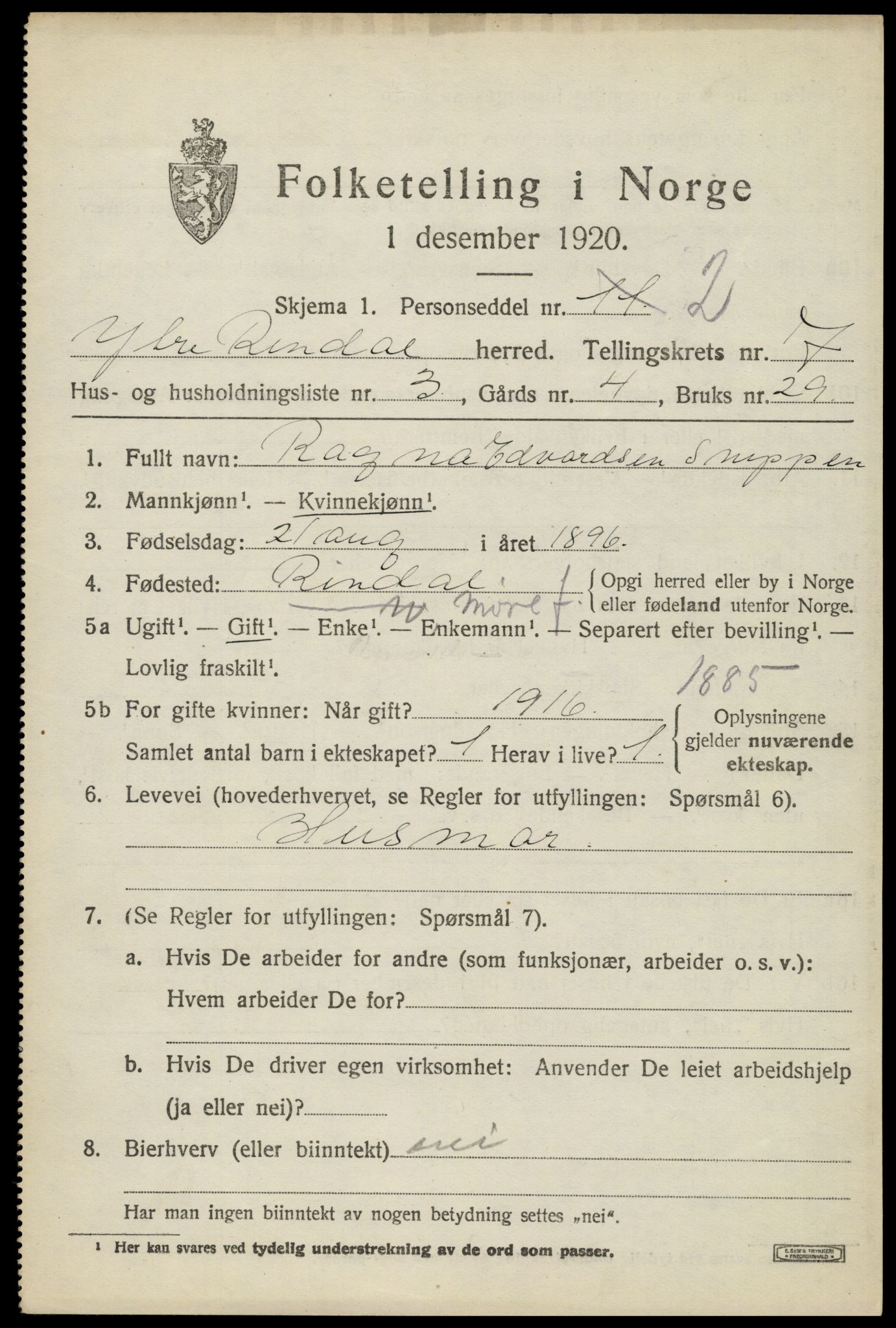 SAH, 1920 census for Ytre Rendal, 1920, p. 3663