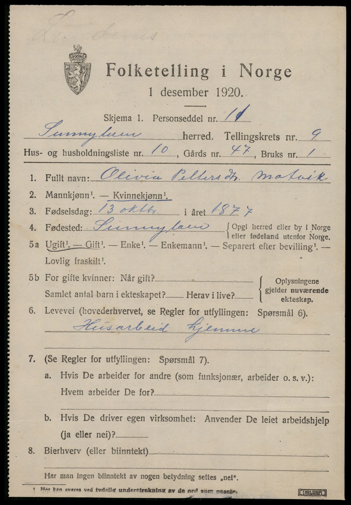 SAT, 1920 census for Sunnylven, 1920, p. 3020