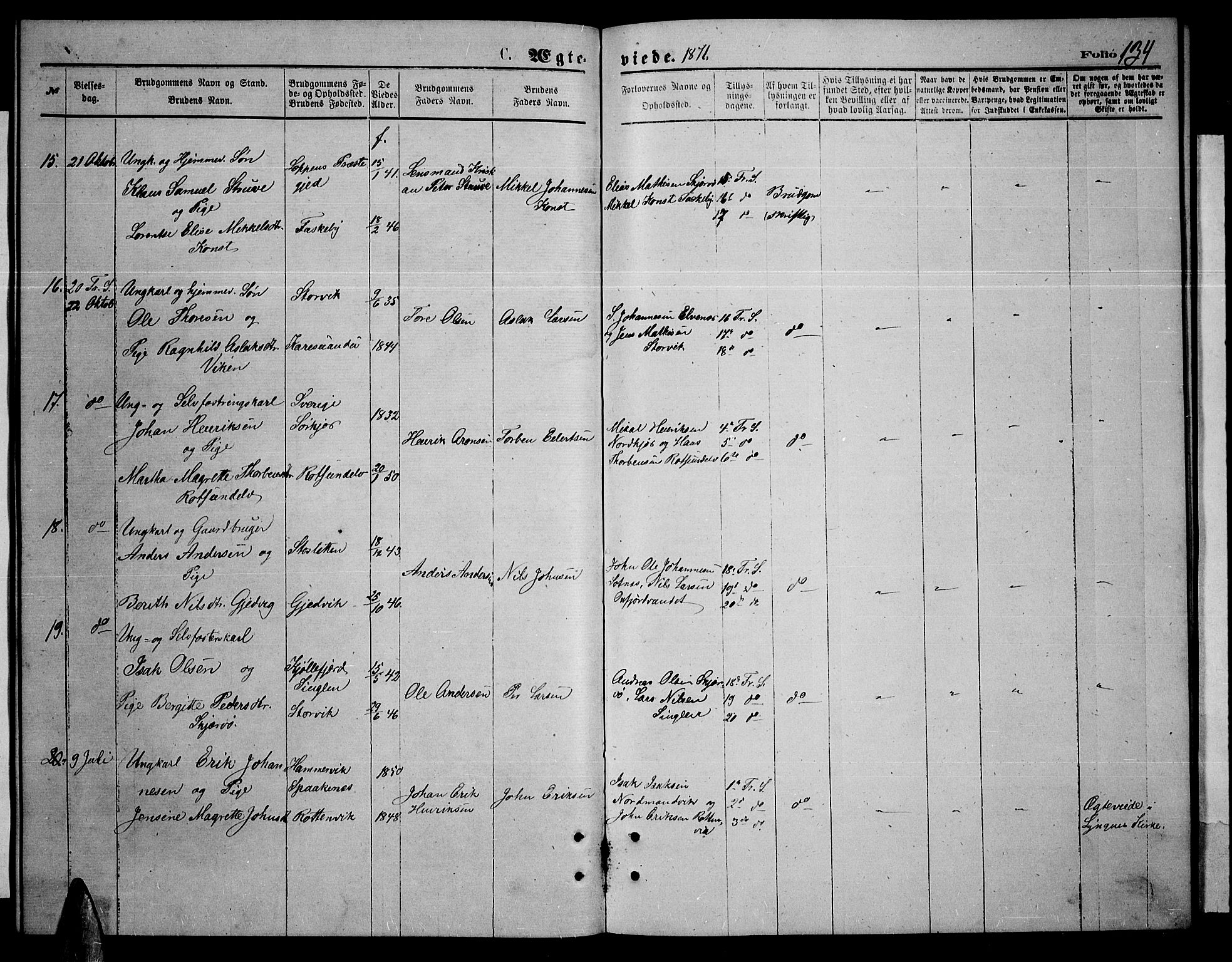 Skjervøy sokneprestkontor, AV/SATØ-S-1300/H/Ha/Hab/L0005klokker: Parish register (copy) no. 5, 1871-1877, p. 134