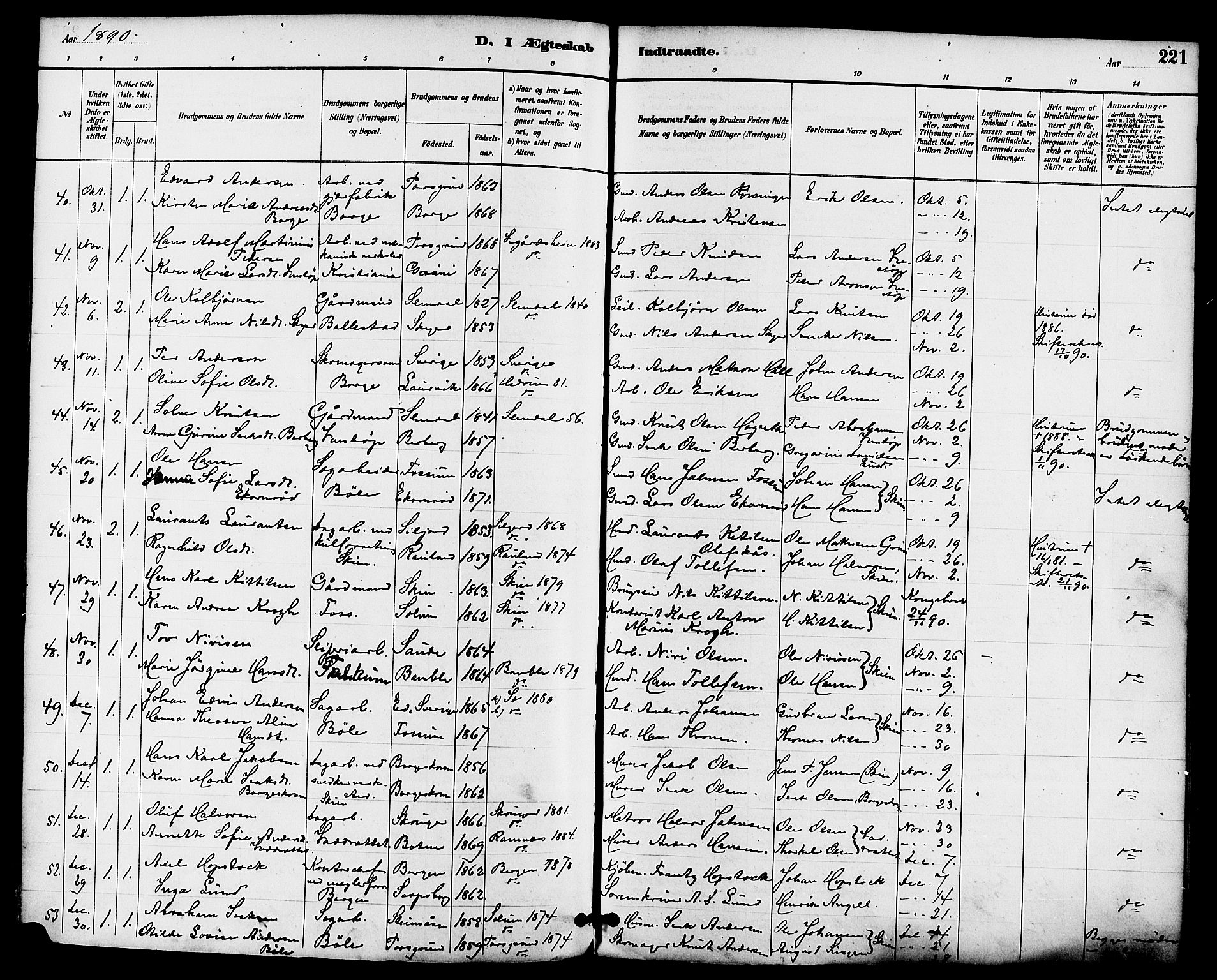 Gjerpen kirkebøker, SAKO/A-265/F/Fa/L0010: Parish register (official) no. I 10, 1886-1895, p. 221