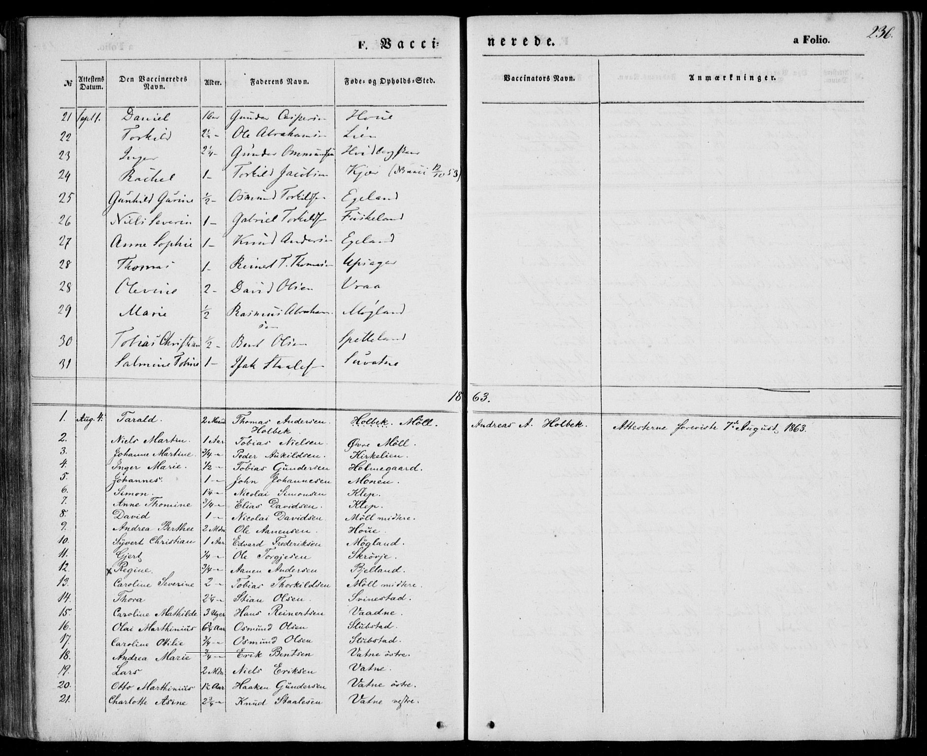 Holum sokneprestkontor, AV/SAK-1111-0022/F/Fa/Faa/L0005: Parish register (official) no. A 5, 1850-1864, p. 236