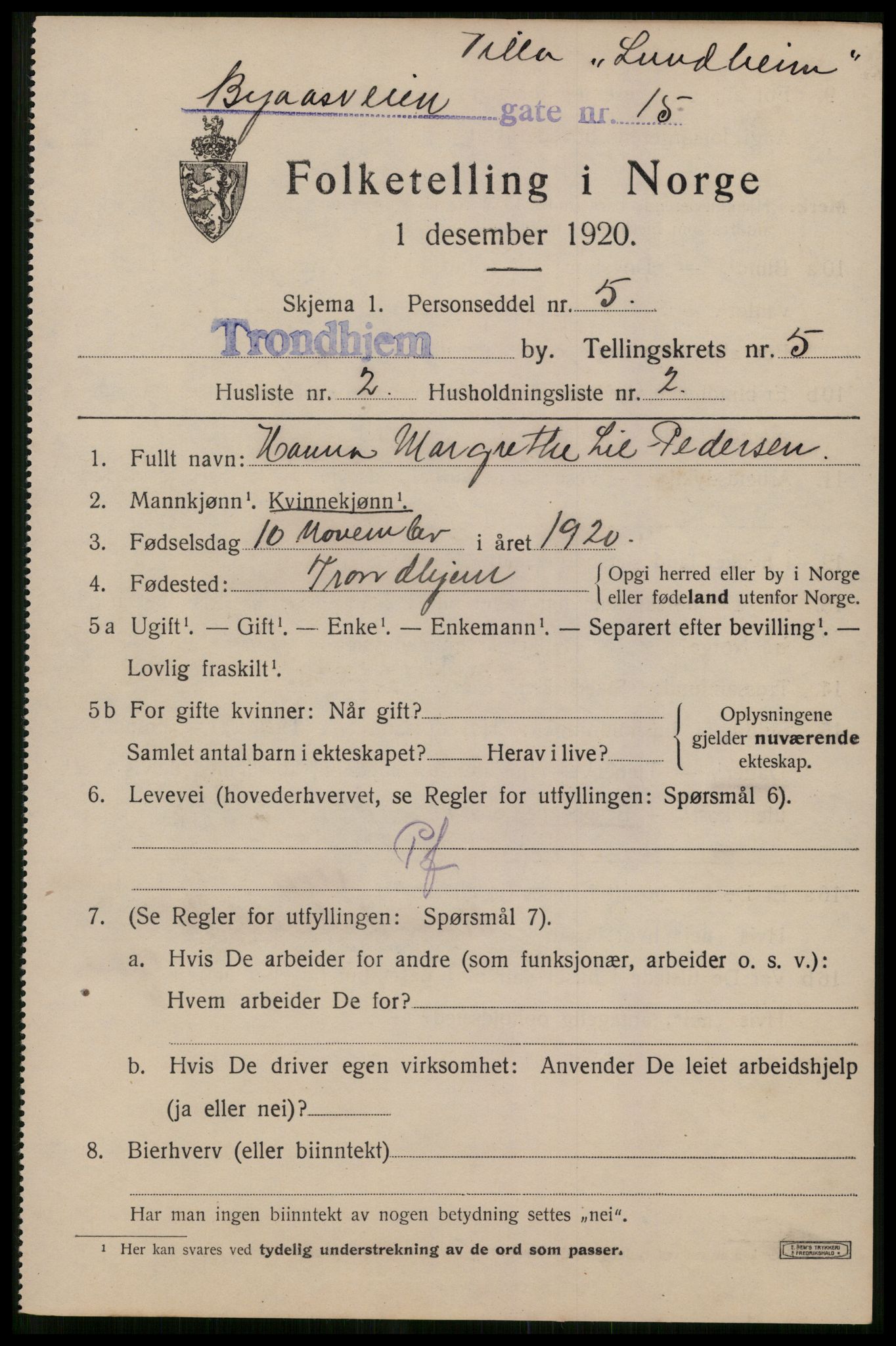 SAT, 1920 census for Trondheim, 1920, p. 38436