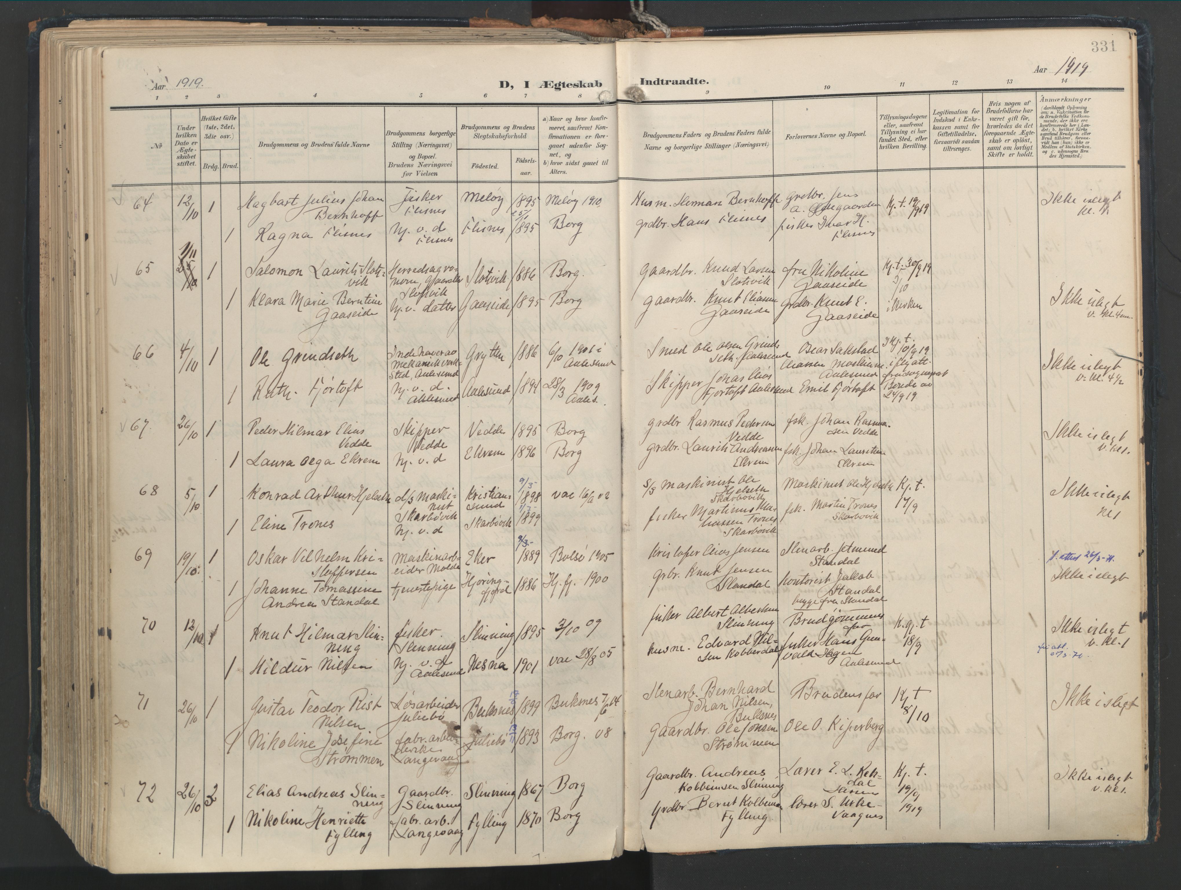 Ministerialprotokoller, klokkerbøker og fødselsregistre - Møre og Romsdal, SAT/A-1454/528/L0411: Parish register (official) no. 528A20, 1907-1920, p. 331