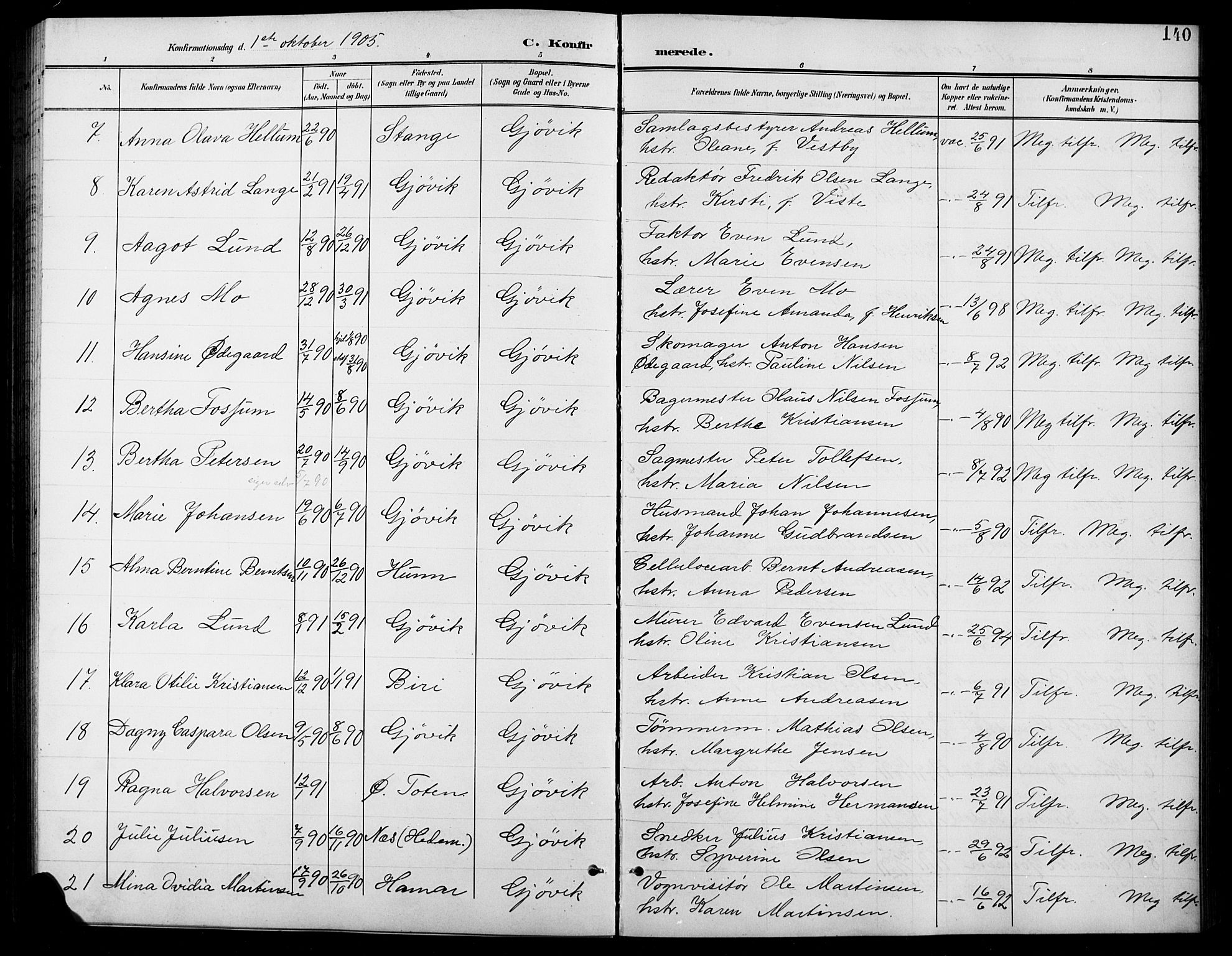 Vardal prestekontor, SAH/PREST-100/H/Ha/Hab/L0012: Parish register (copy) no. 12, 1902-1911, p. 140