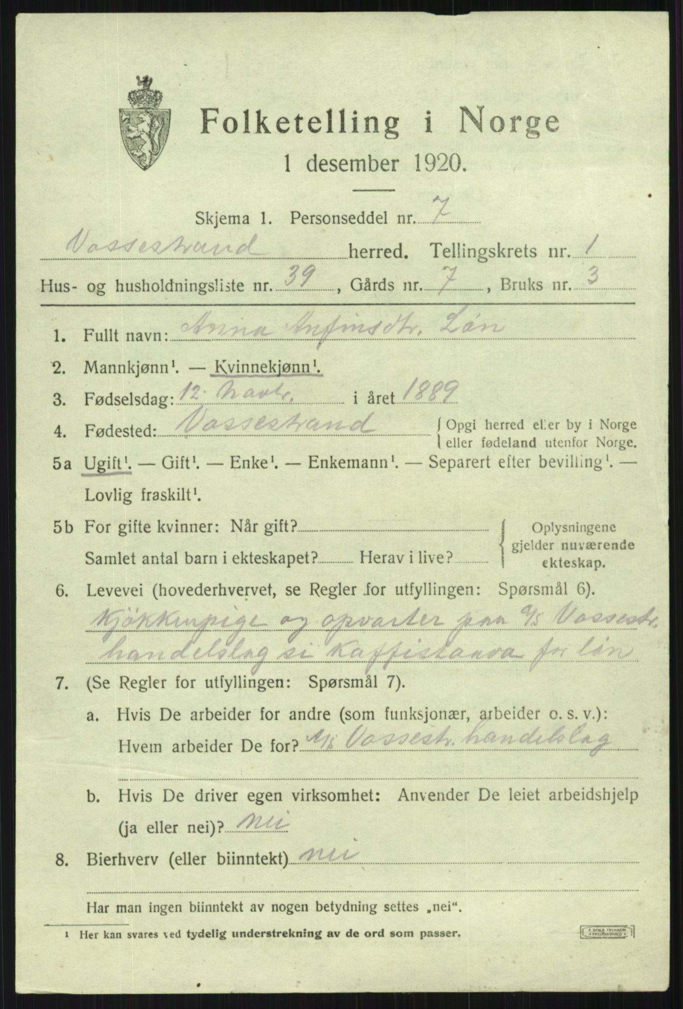 SAB, 1920 census for Vossestrand, 1920, p. 1108