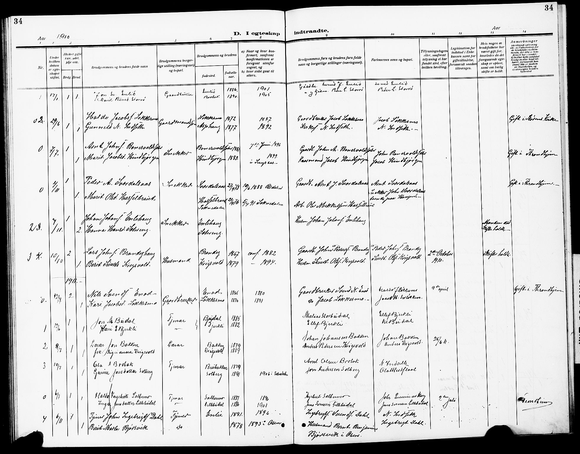 Ministerialprotokoller, klokkerbøker og fødselsregistre - Sør-Trøndelag, AV/SAT-A-1456/690/L1052: Parish register (copy) no. 690C02, 1907-1929, p. 34