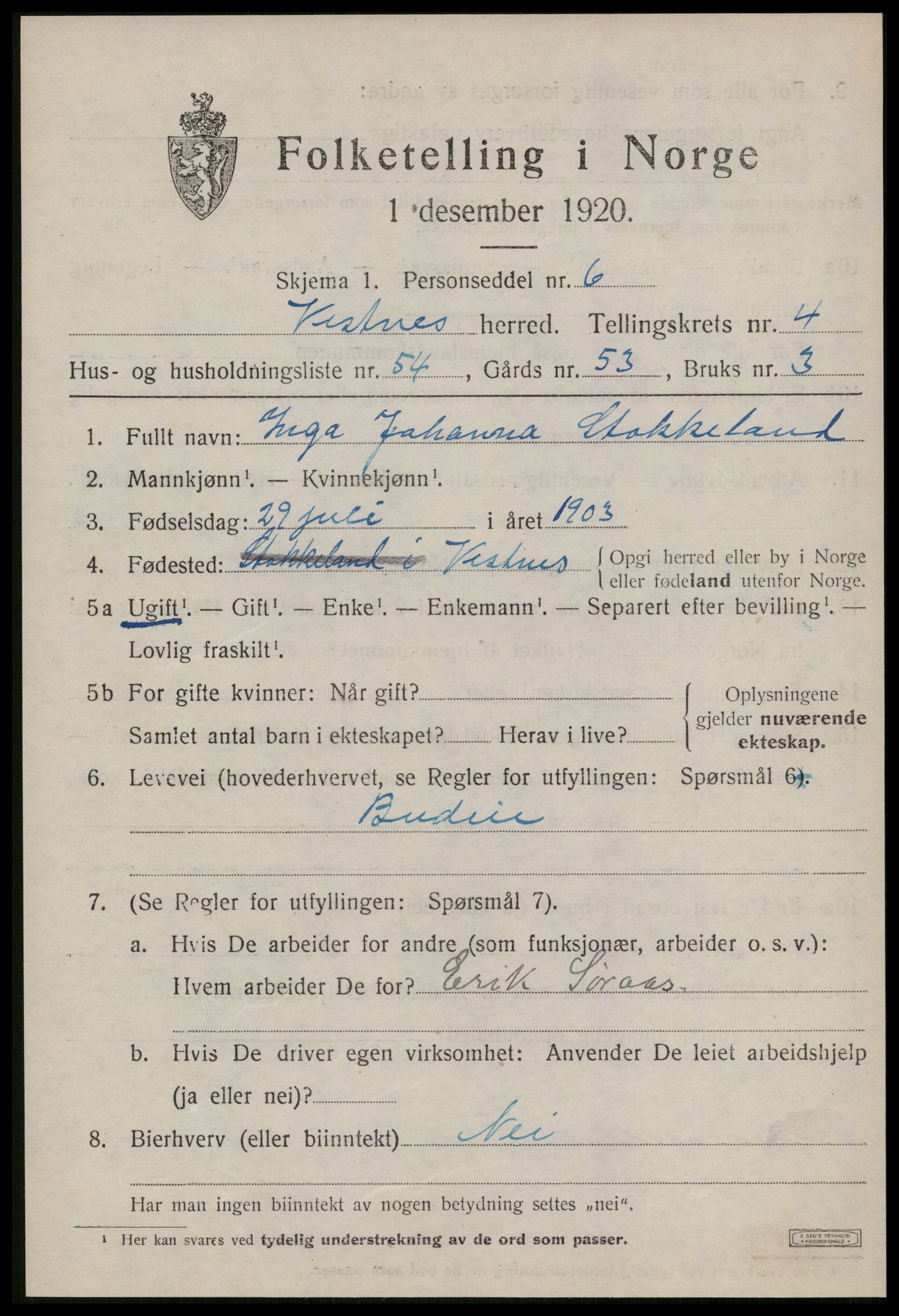 SAT, 1920 census for Vestnes, 1920, p. 3905