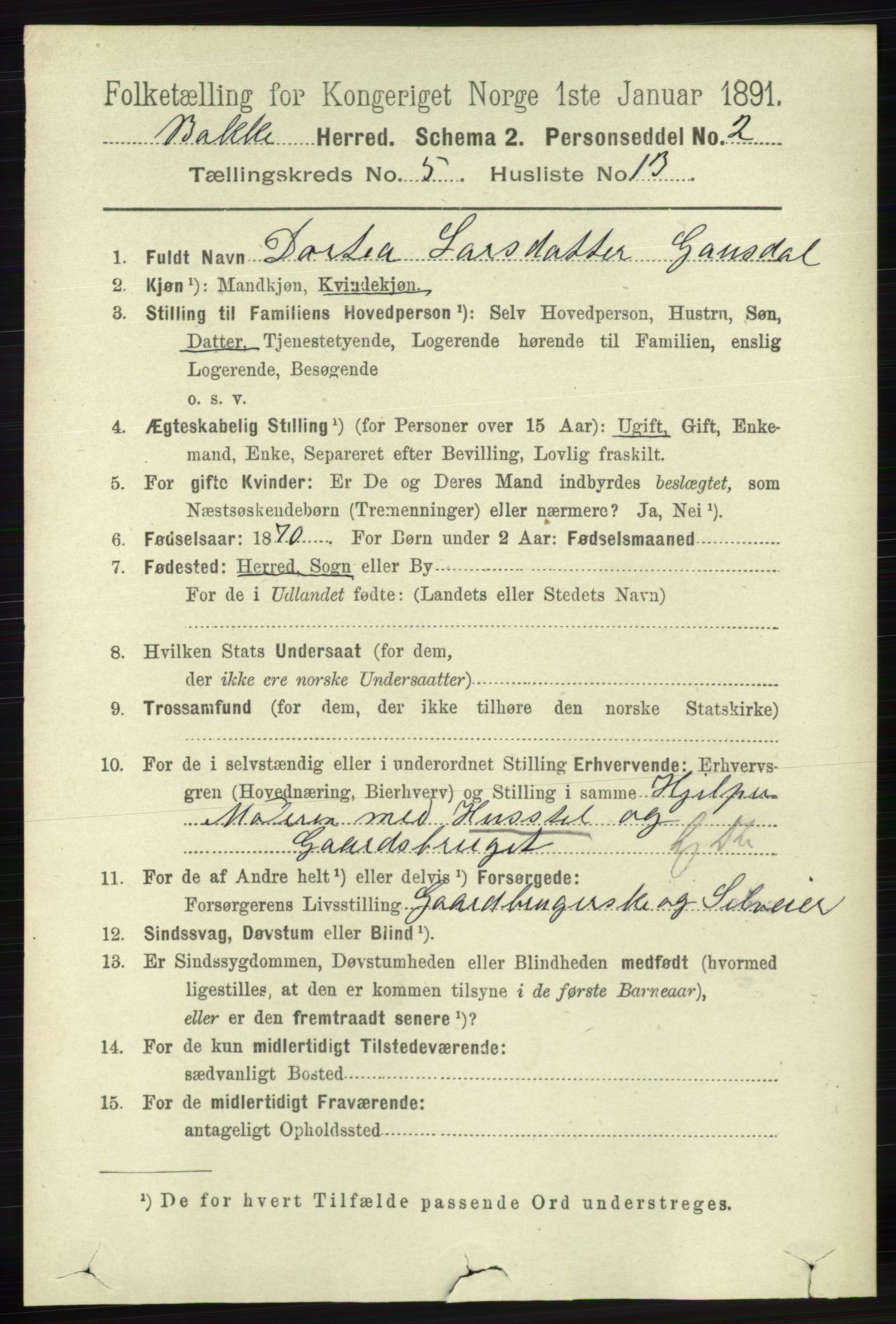 RA, 1891 census for 1045 Bakke, 1891, p. 1142