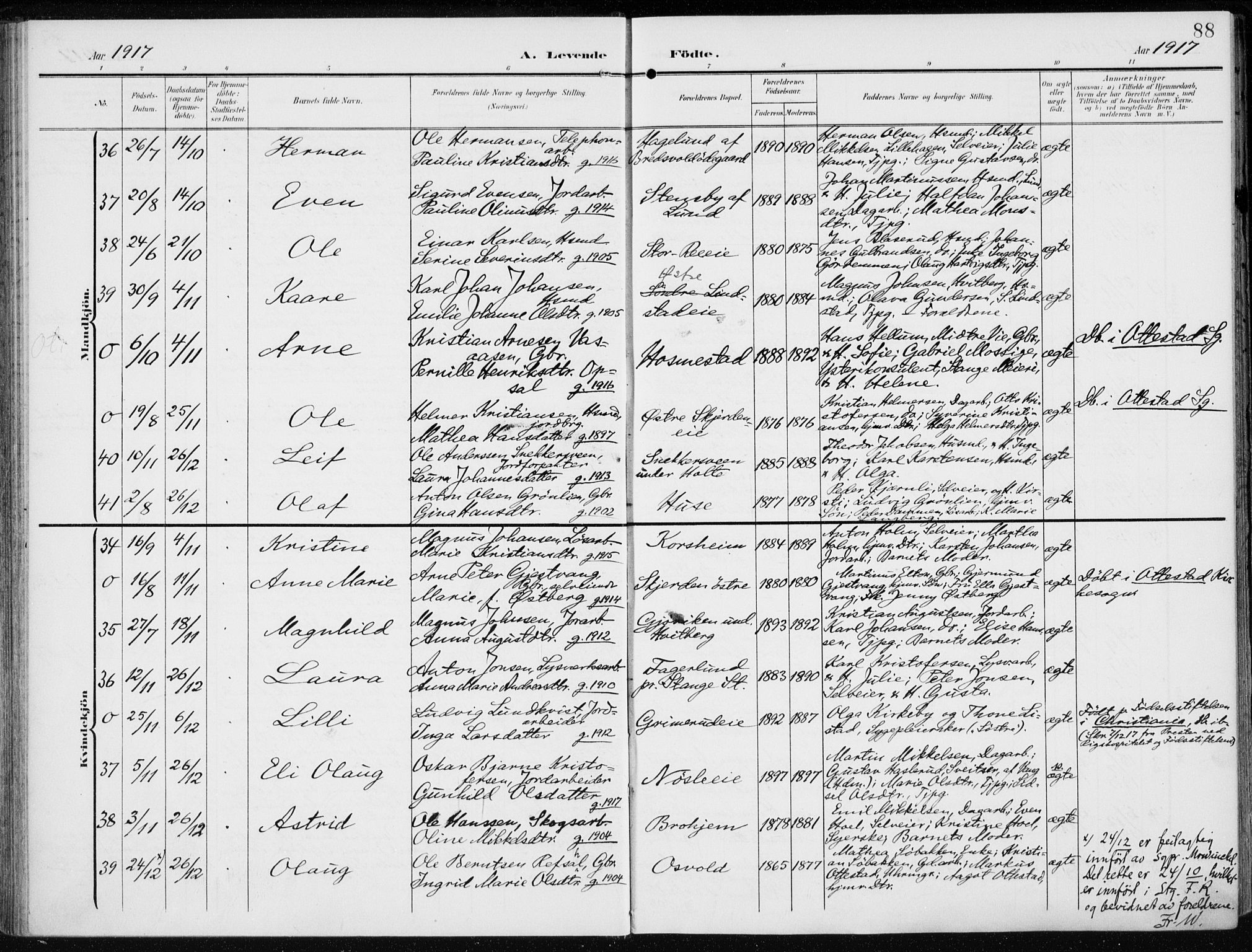 Stange prestekontor, SAH/PREST-002/K/L0024: Parish register (official) no. 24, 1906-1922, p. 88