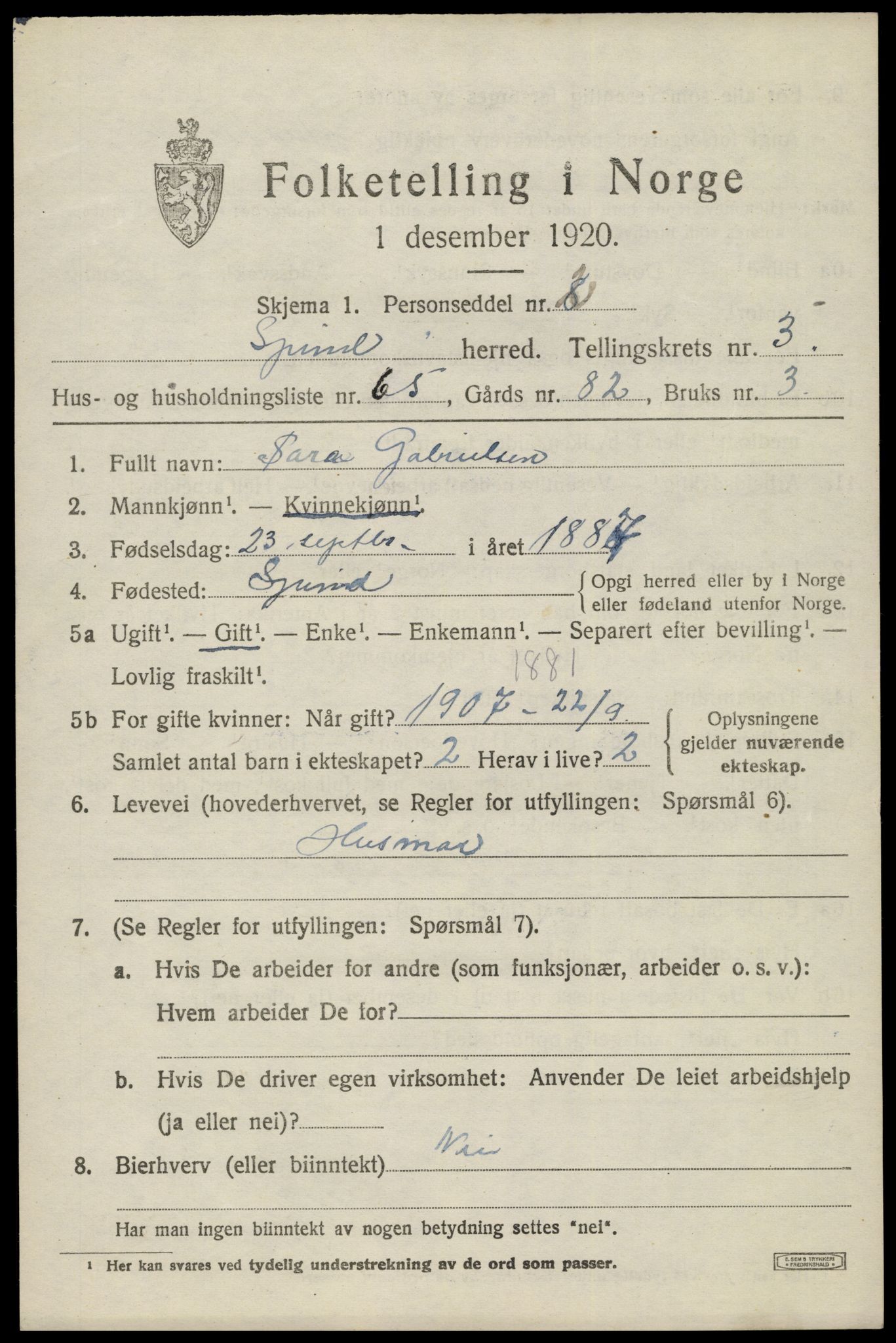 SAK, 1920 census for Spind, 1920, p. 2185