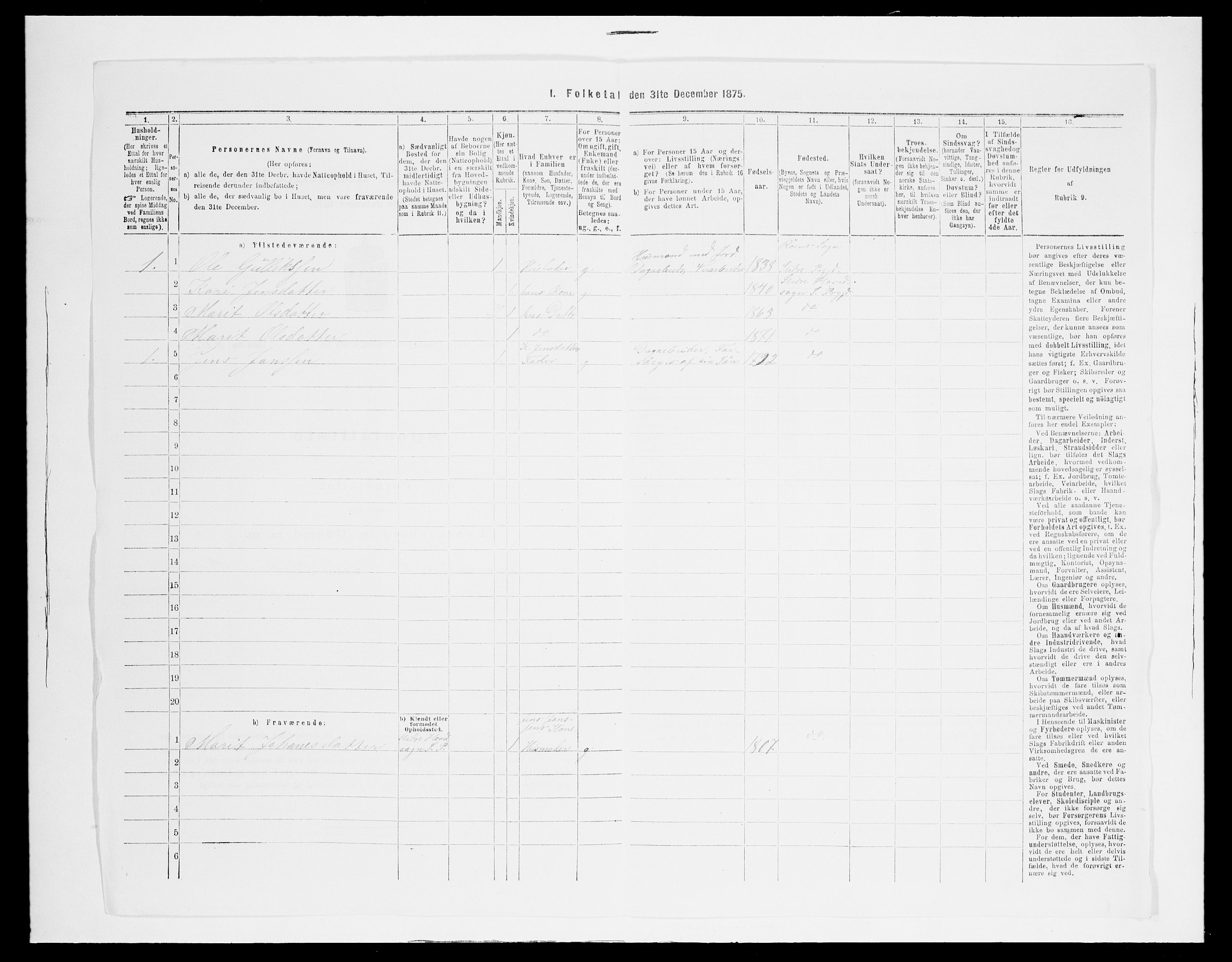 SAH, 1875 census for 0543P Vestre Slidre, 1875, p. 533