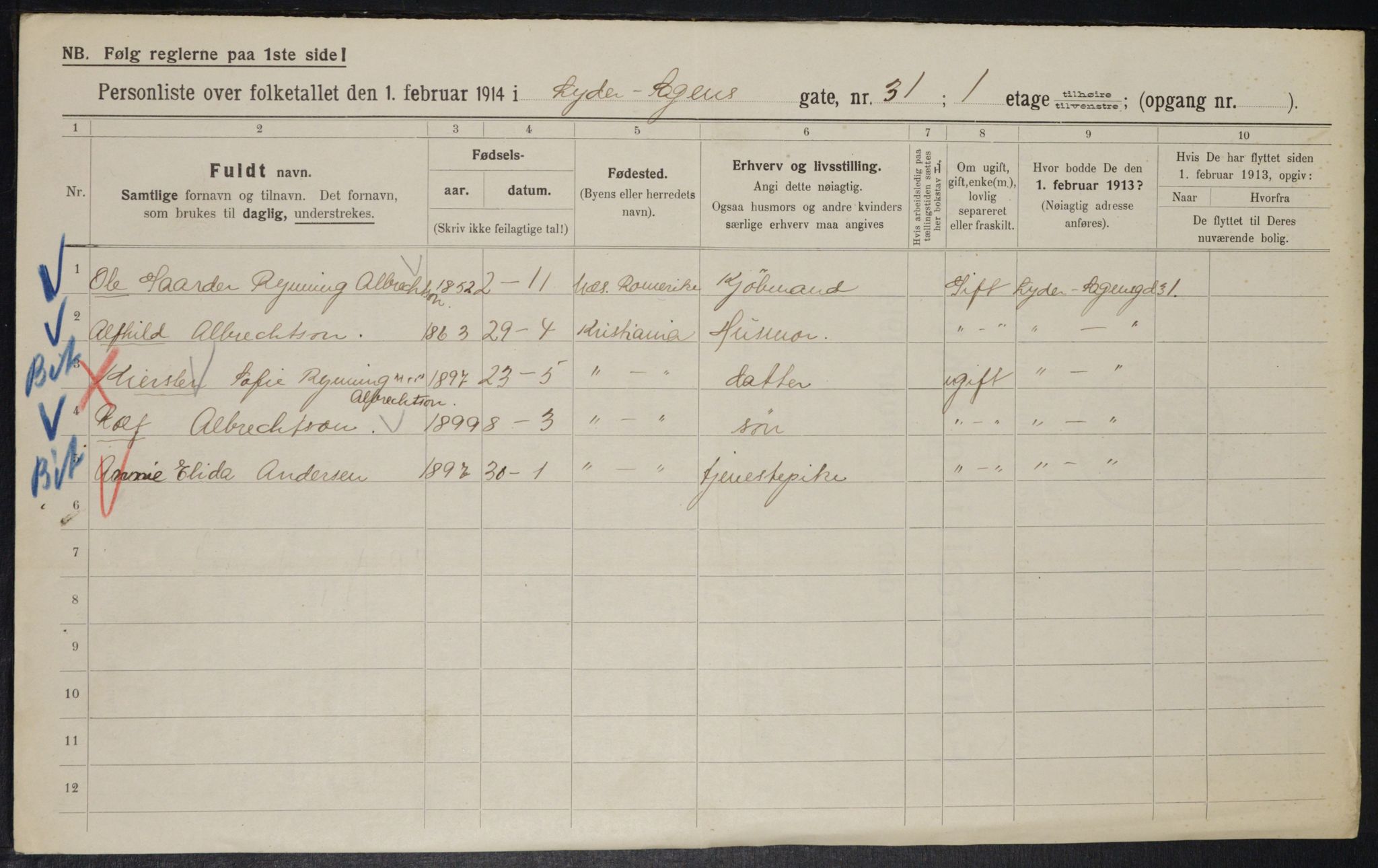 OBA, Municipal Census 1914 for Kristiania, 1914, p. 58485