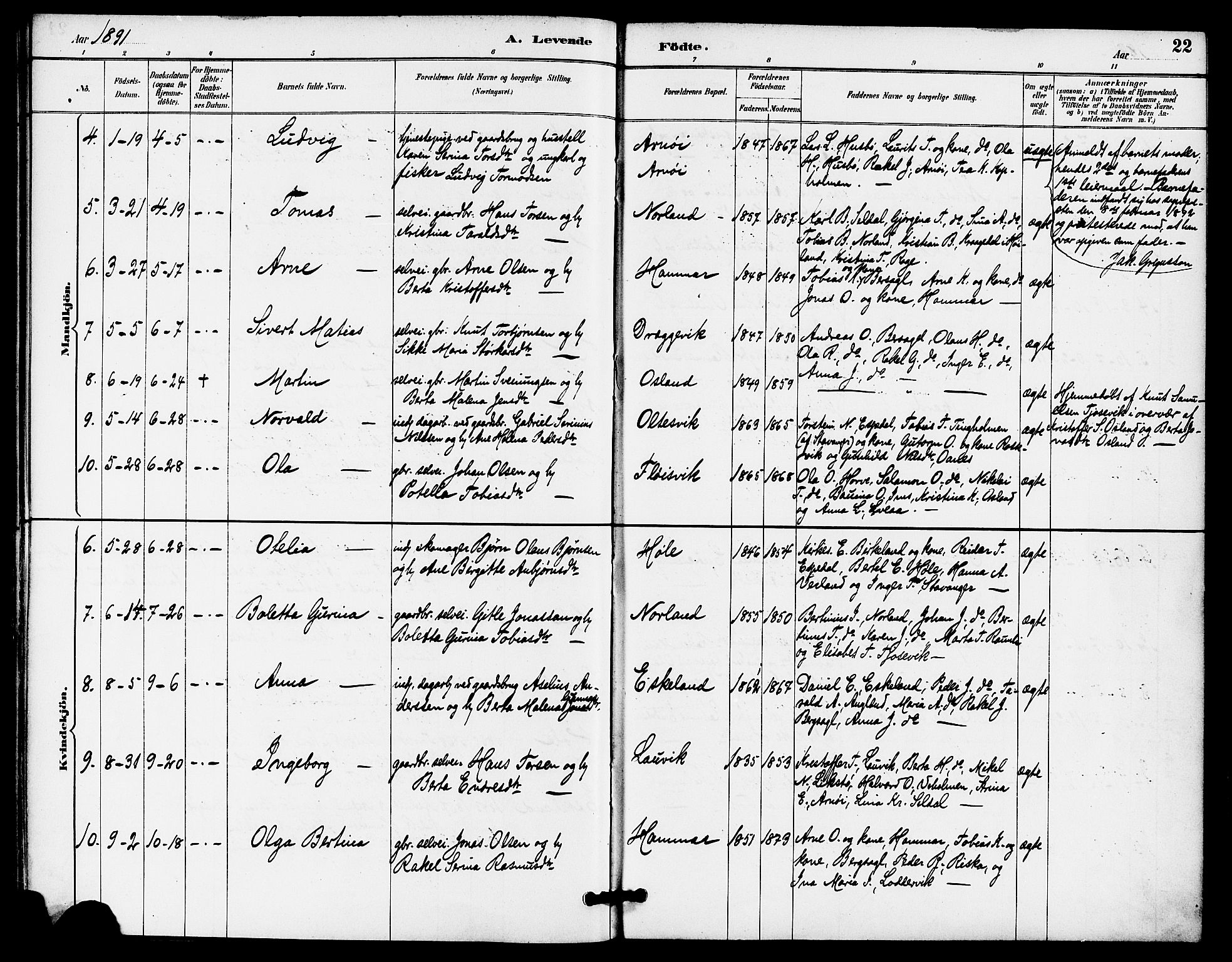 Høgsfjord sokneprestkontor, AV/SAST-A-101624/H/Ha/Haa/L0005: Parish register (official) no. A 5, 1885-1897, p. 22