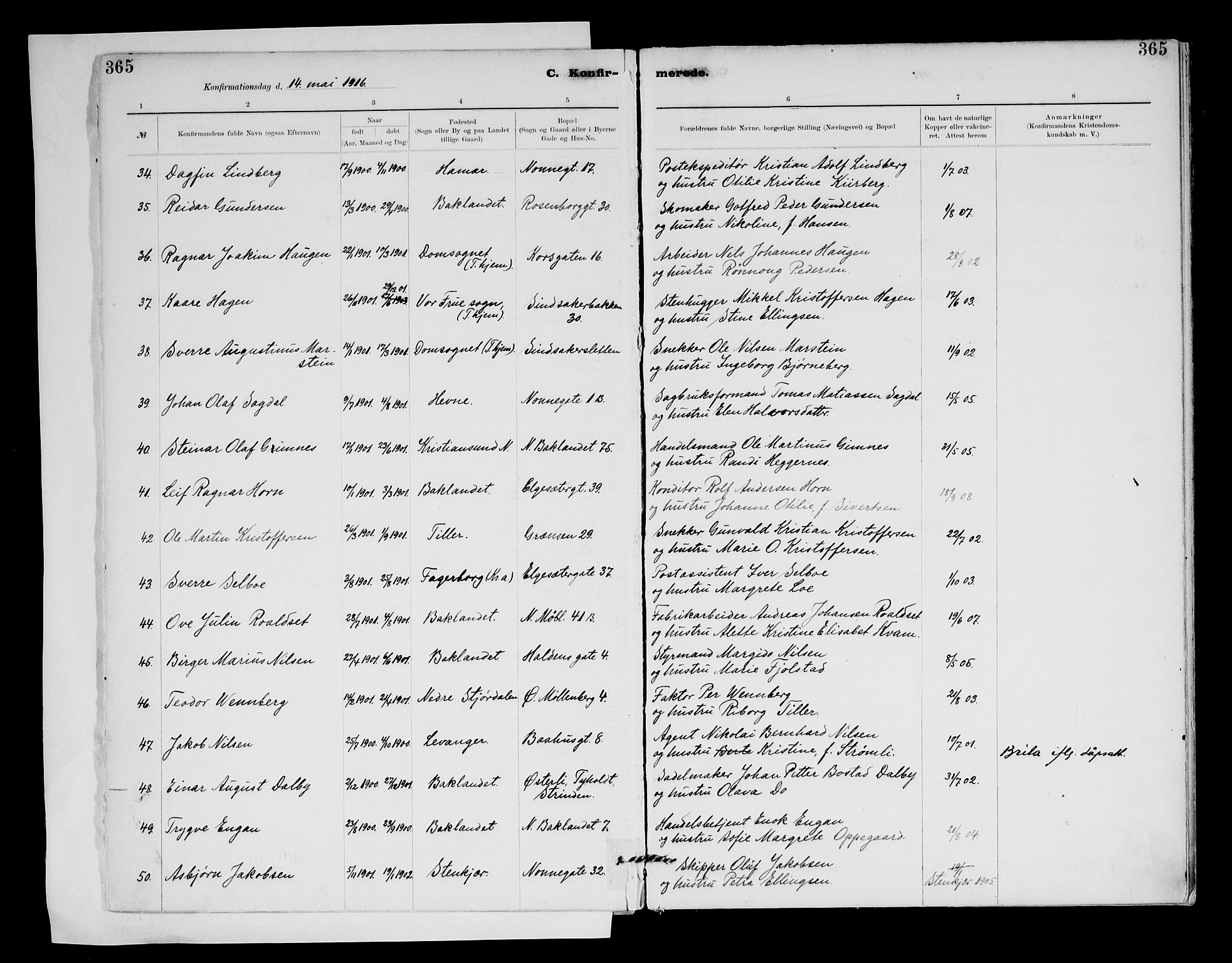 Ministerialprotokoller, klokkerbøker og fødselsregistre - Sør-Trøndelag, AV/SAT-A-1456/604/L0203: Parish register (official) no. 604A23, 1908-1916, p. 365