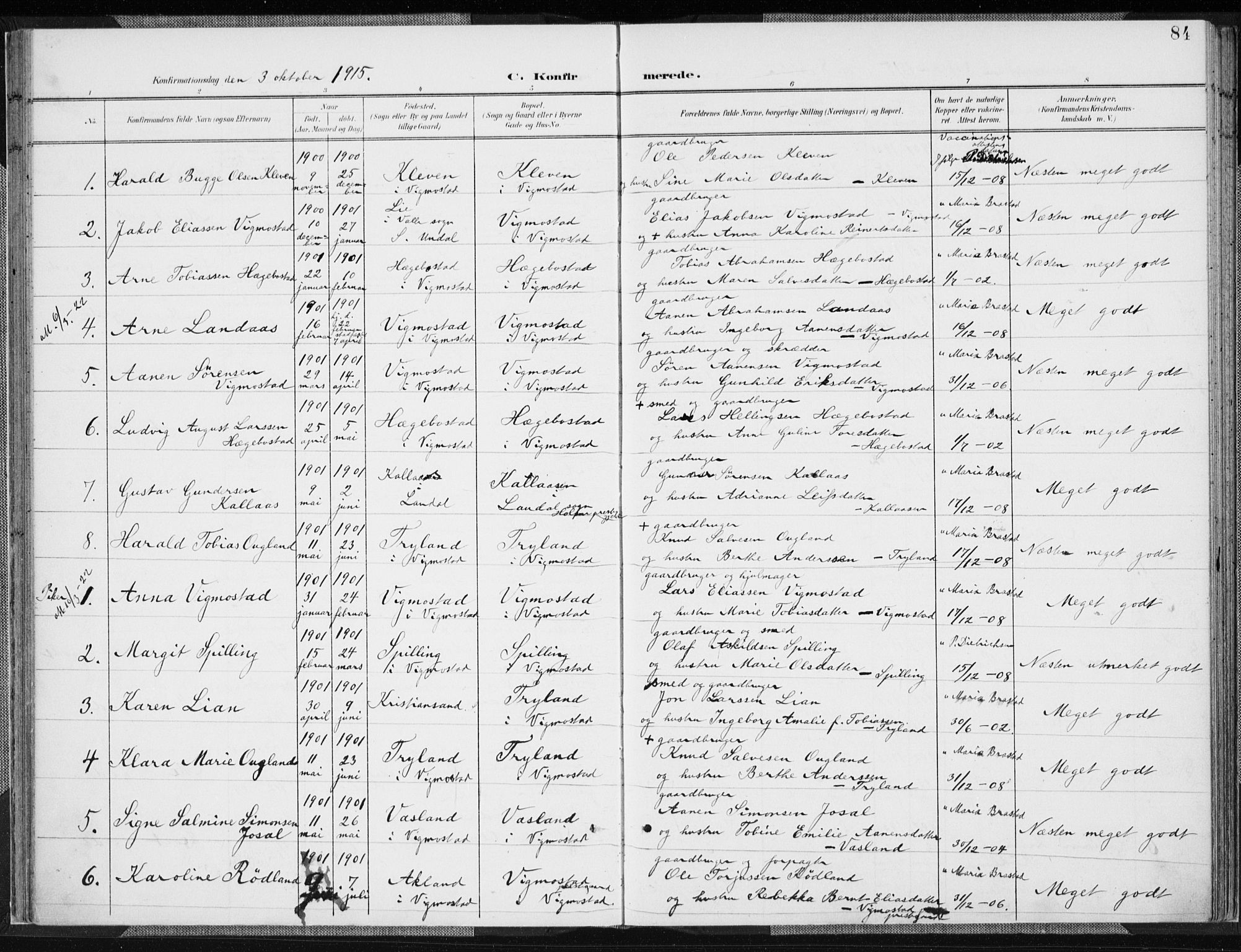 Nord-Audnedal sokneprestkontor, SAK/1111-0032/F/Fa/Fab/L0004: Parish register (official) no. A 4, 1901-1917, p. 84