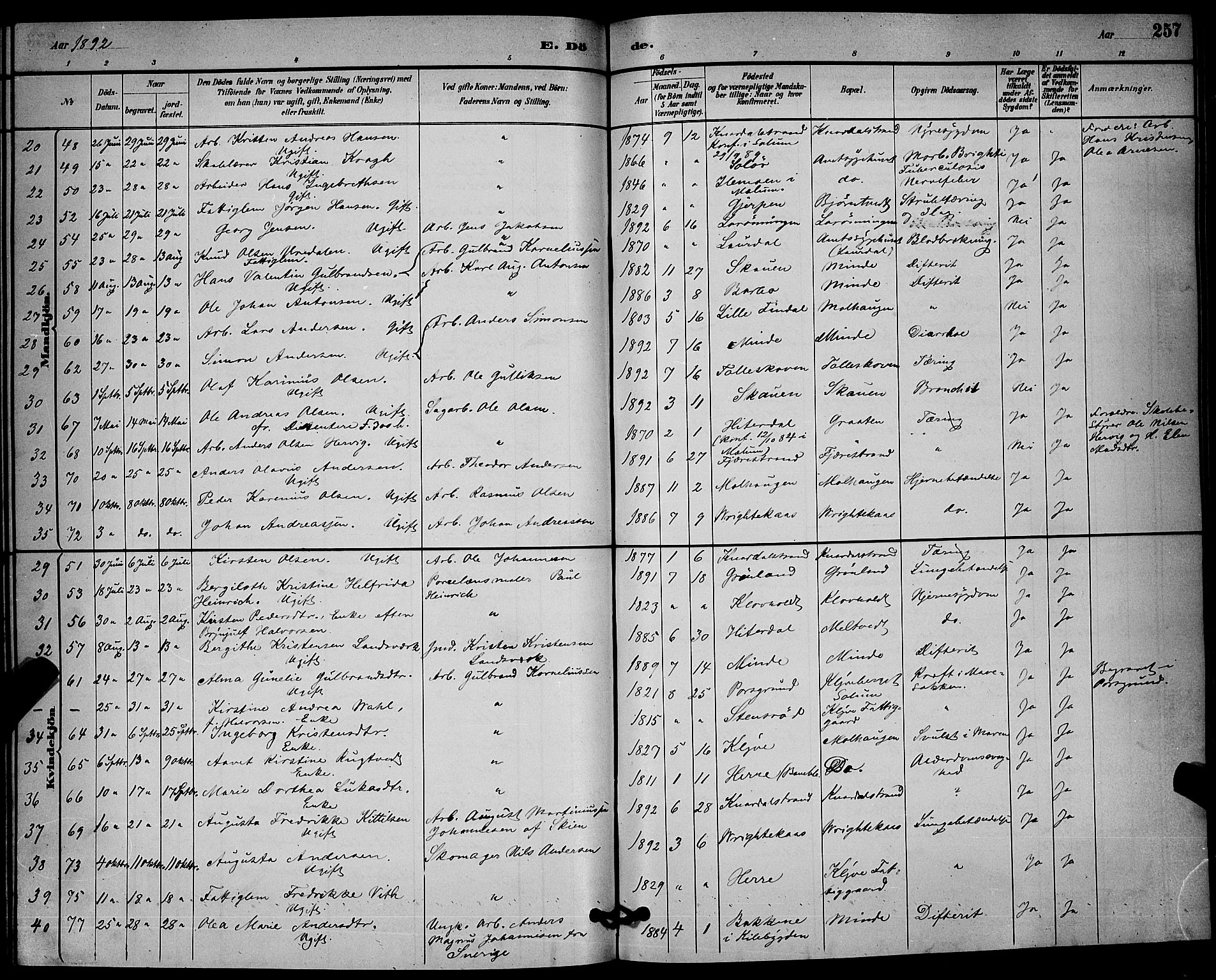 Solum kirkebøker, AV/SAKO-A-306/G/Ga/L0007: Parish register (copy) no. I 7, 1884-1898, p. 257