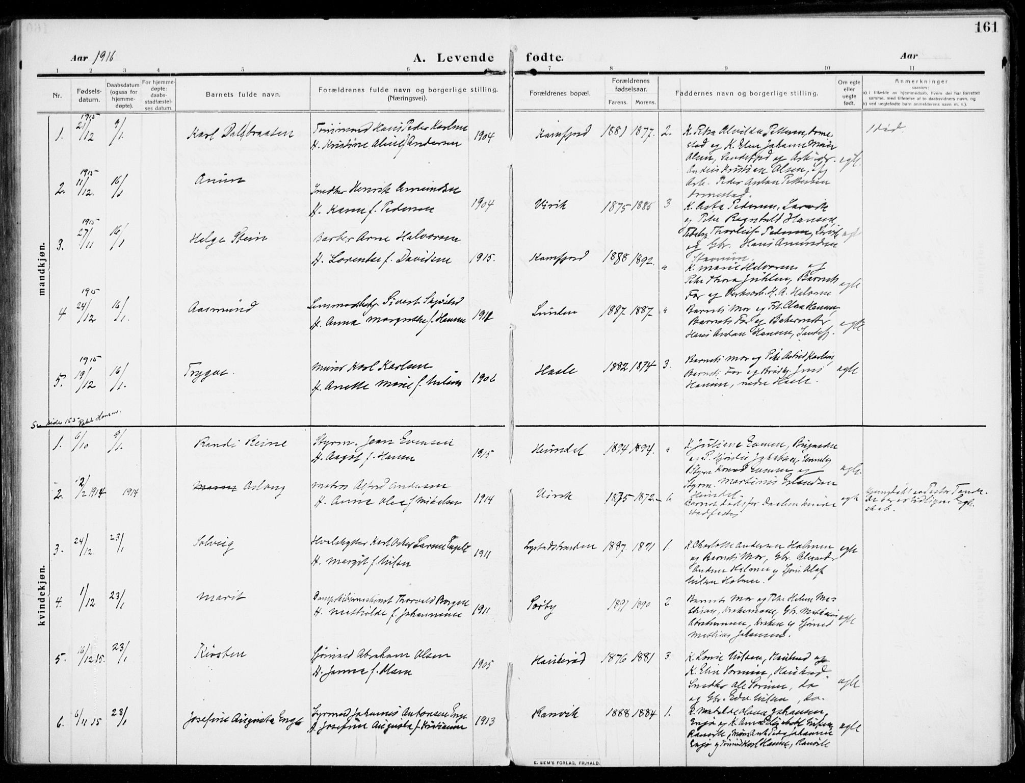 Sandar kirkebøker, SAKO/A-243/F/Fa/L0016: Parish register (official) no. 16, 1909-1919, p. 161