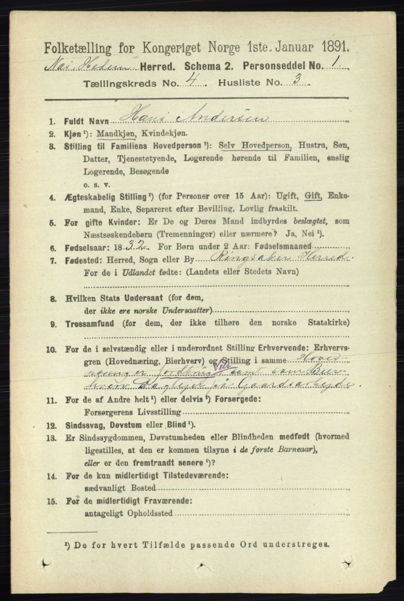 RA, 1891 census for 0411 Nes, 1891, p. 2054