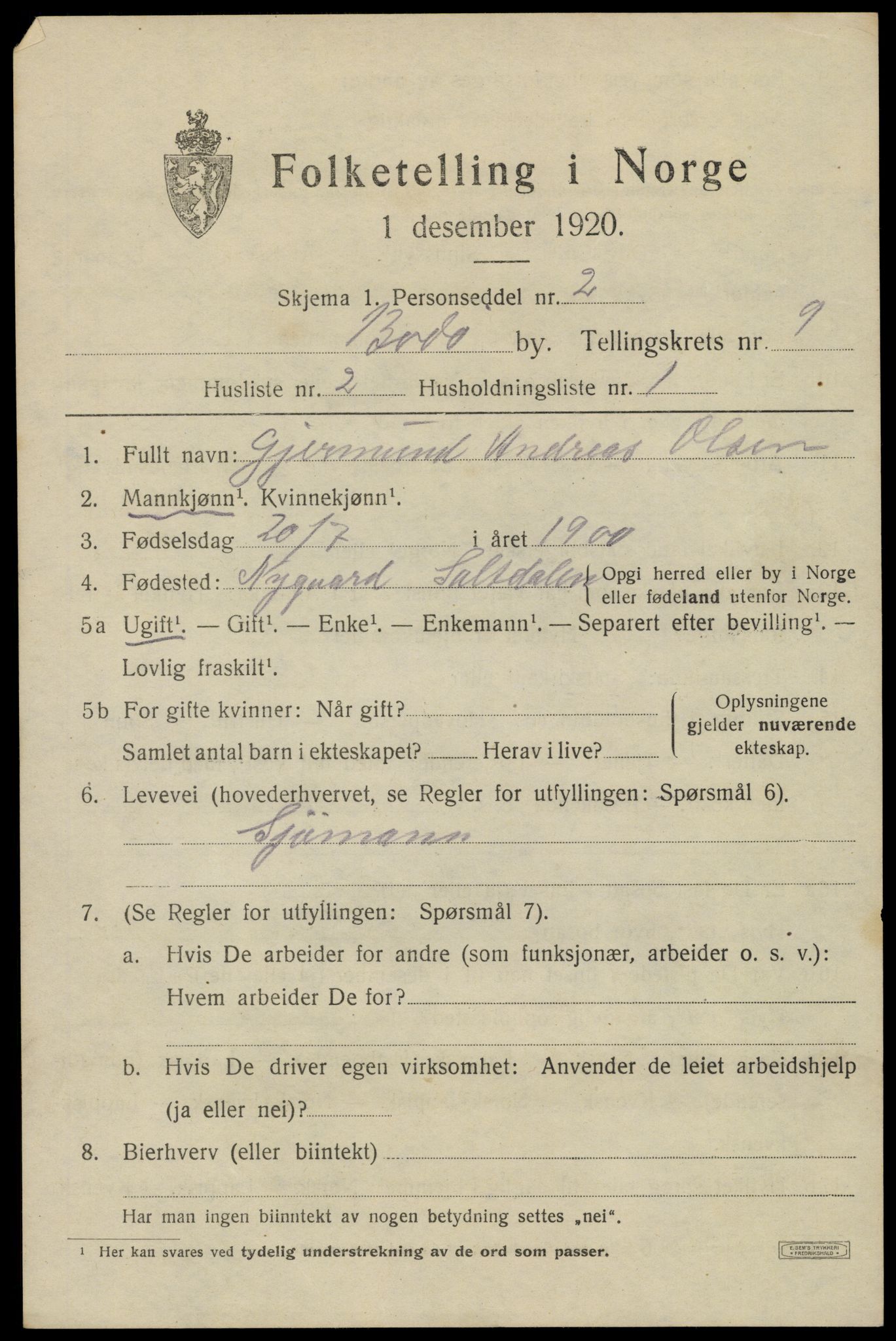 SAT, 1920 census for Bodø, 1920, p. 12835