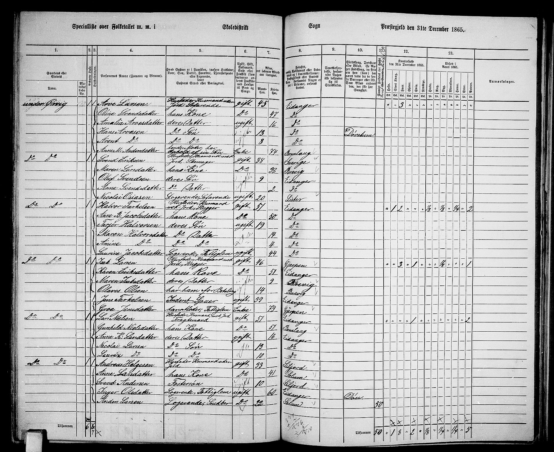 RA, 1865 census for Eidanger, 1865, p. 89
