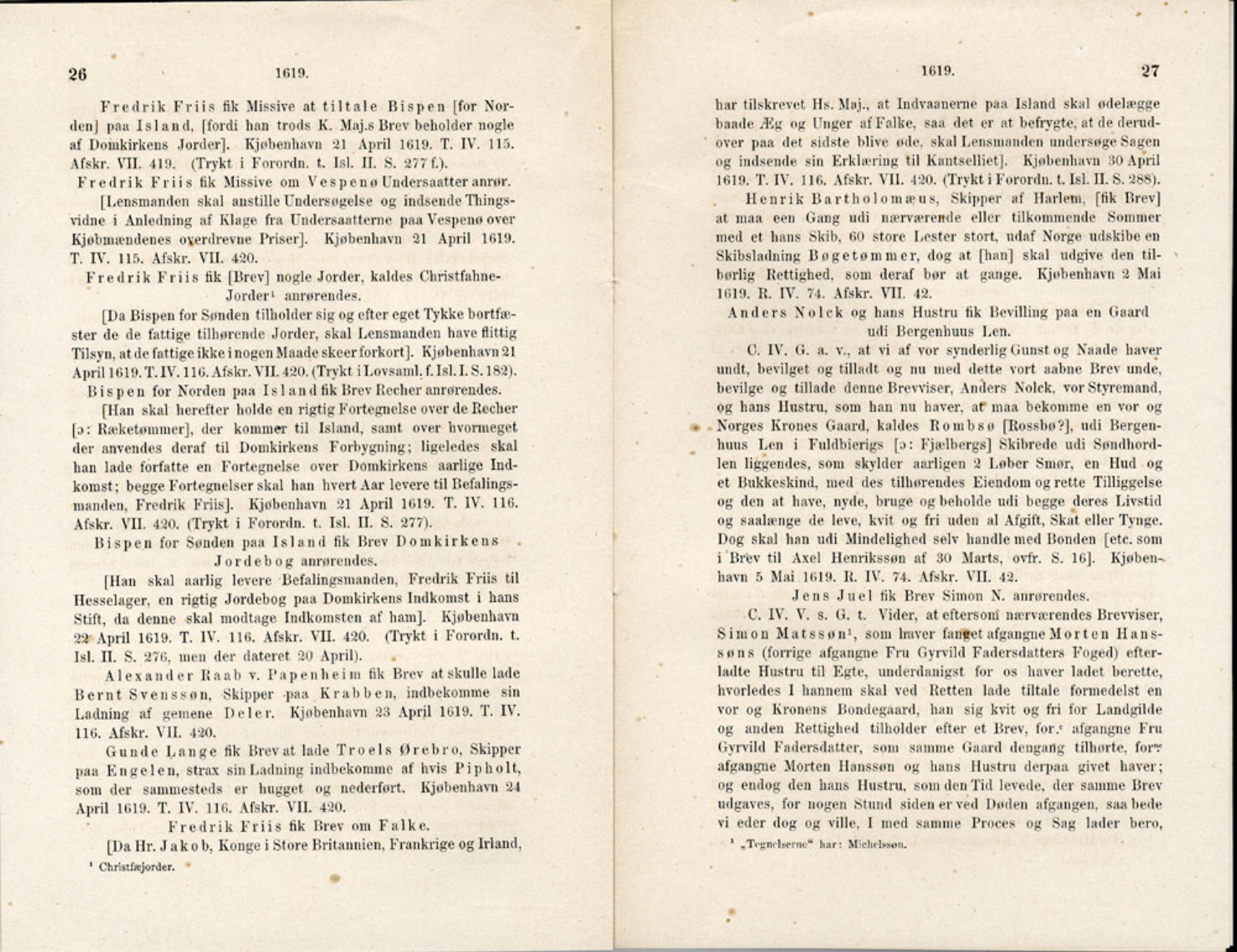 Publikasjoner utgitt av Det Norske Historiske Kildeskriftfond, PUBL/-/-/-: Norske Rigs-Registranter, bind 5, 1619-1627, p. 26-27
