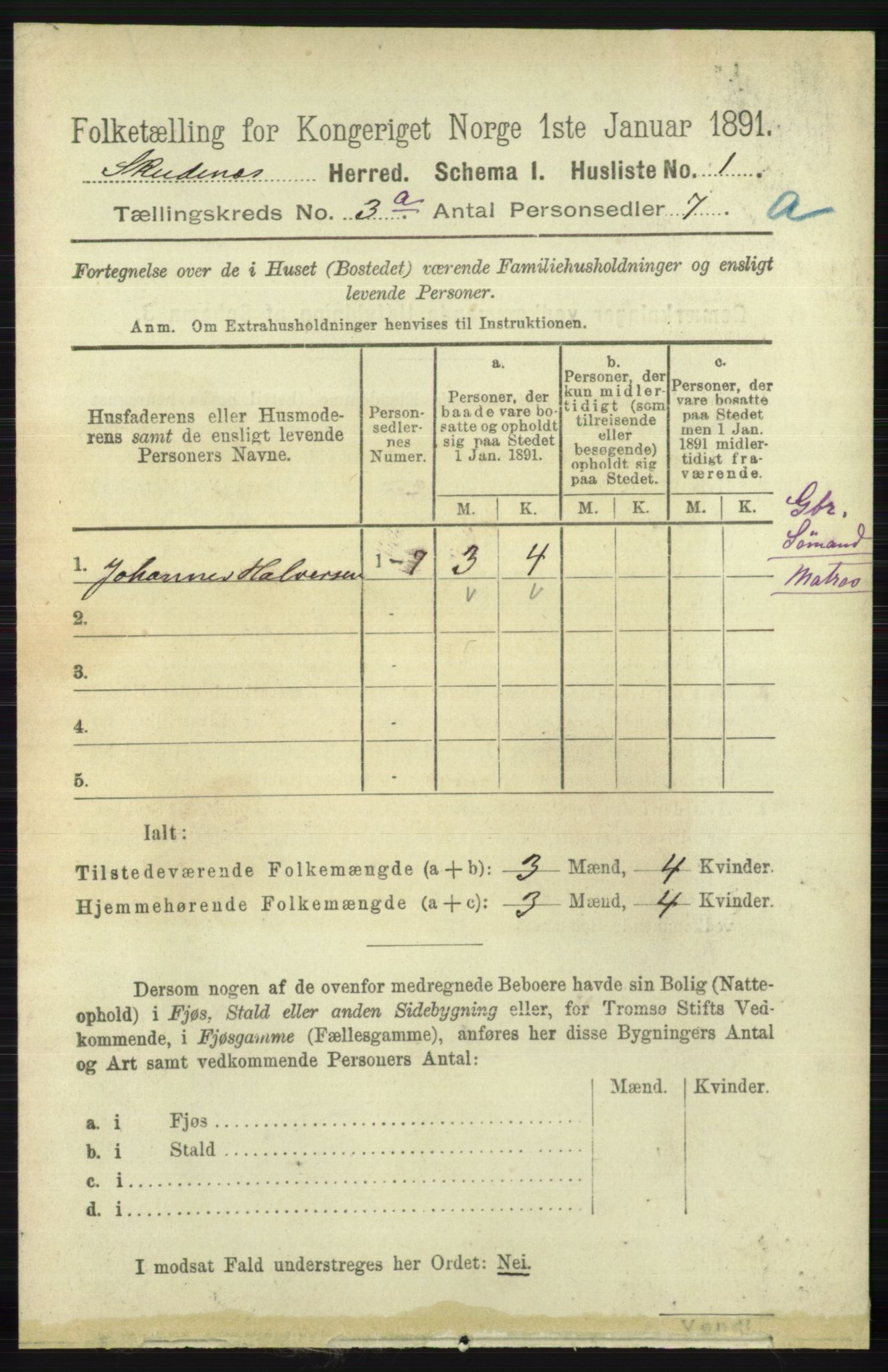 RA, 1891 census for 1150 Skudenes, 1891, p. 1331