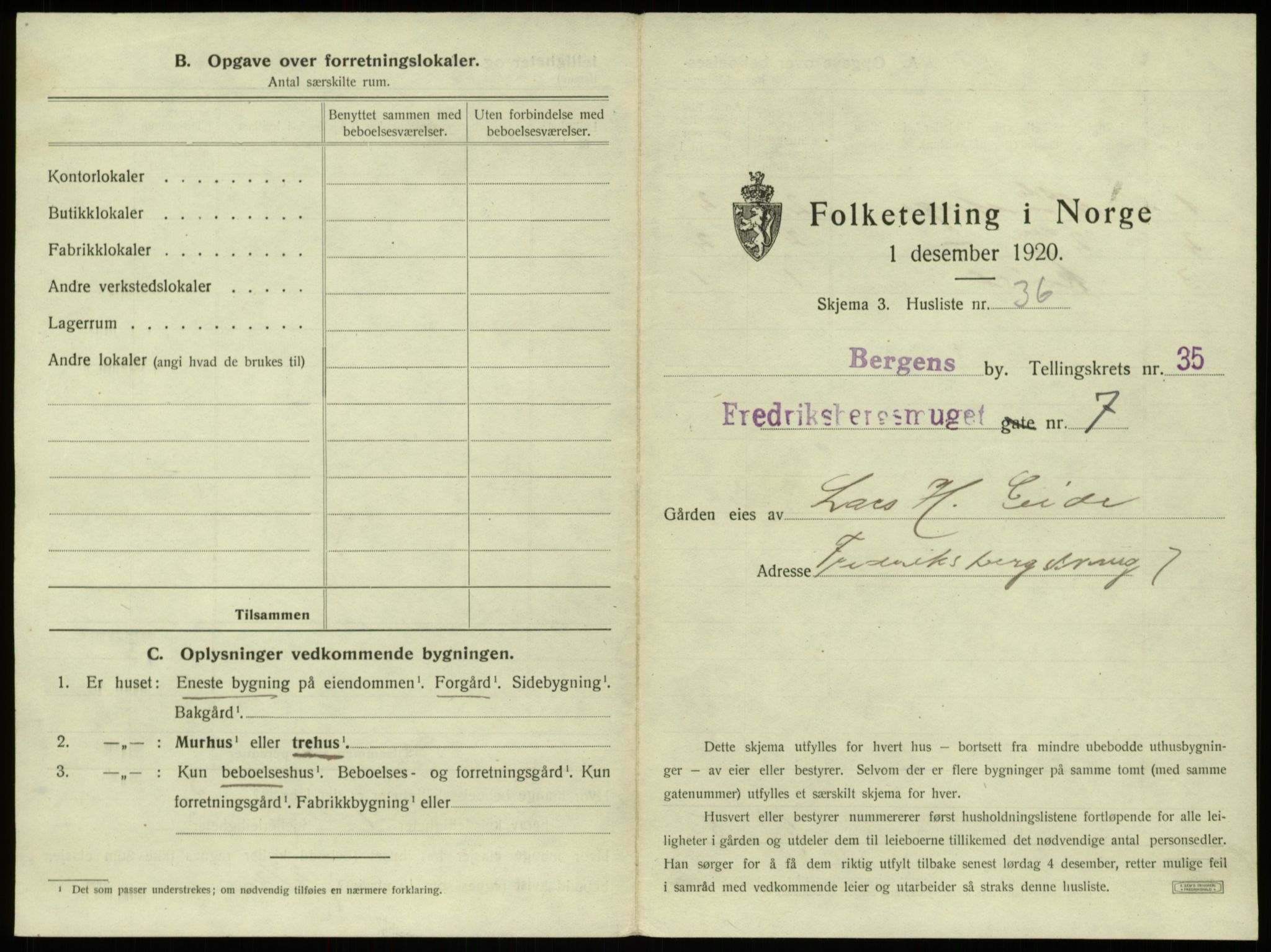 SAB, 1920 census for Bergen, 1920, p. 3296