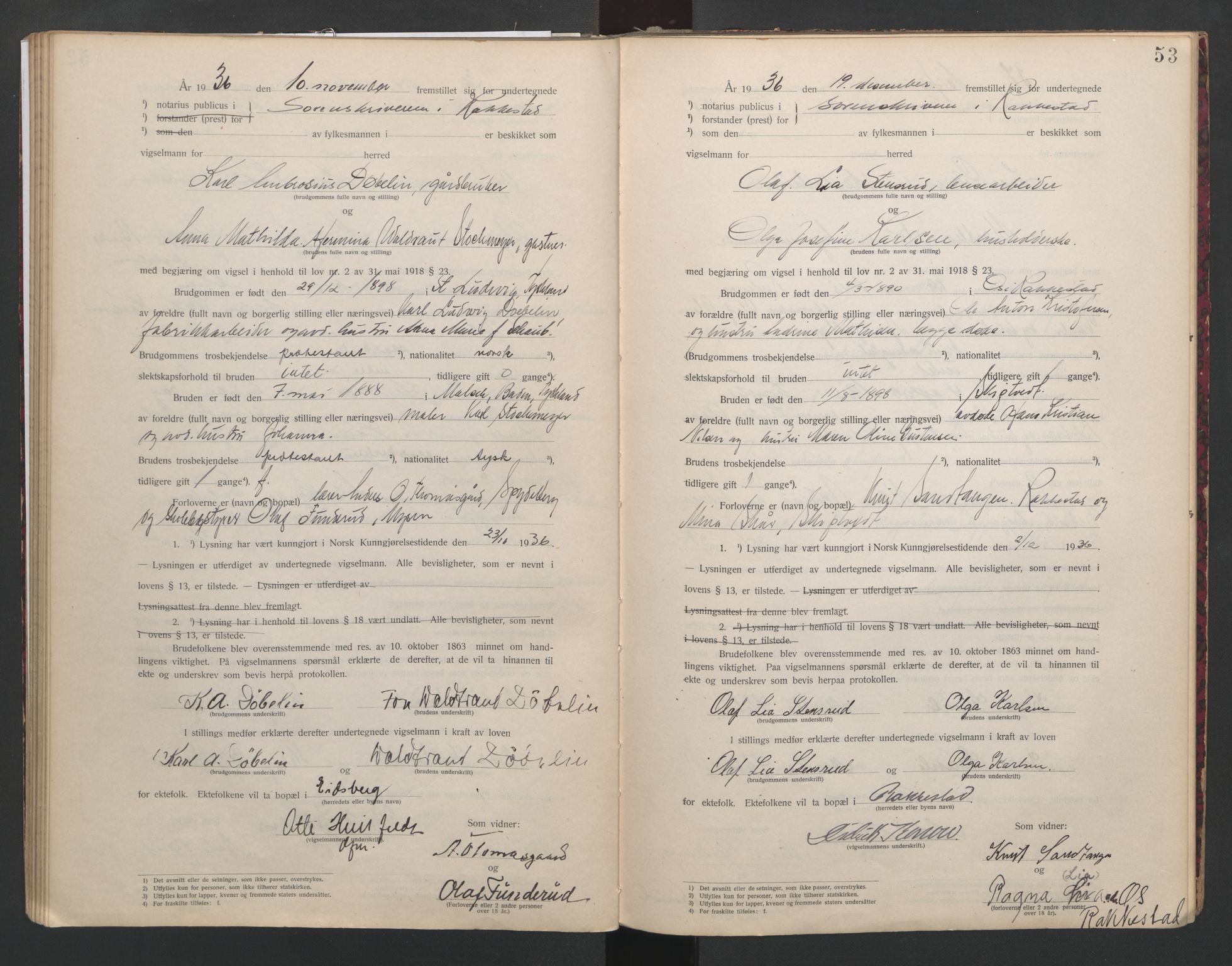 Rakkestad sorenskriveri, SAO/A-10686/L/Lc/Lca/L0001: Vigselbøker, 1920-1942, p. 53