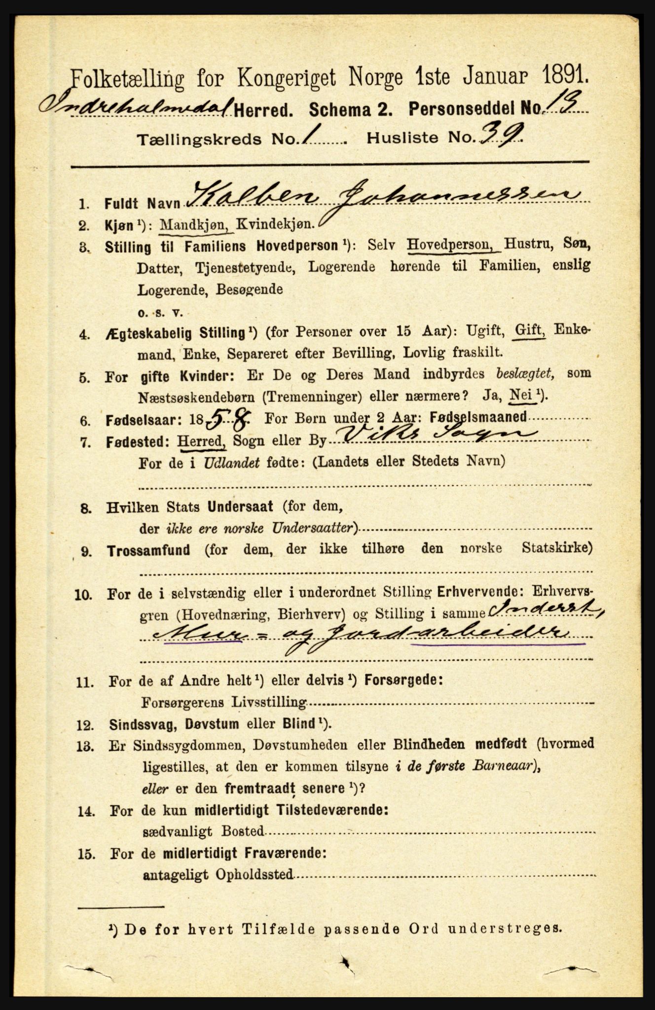 RA, 1891 census for 1430 Indre Holmedal, 1891, p. 365