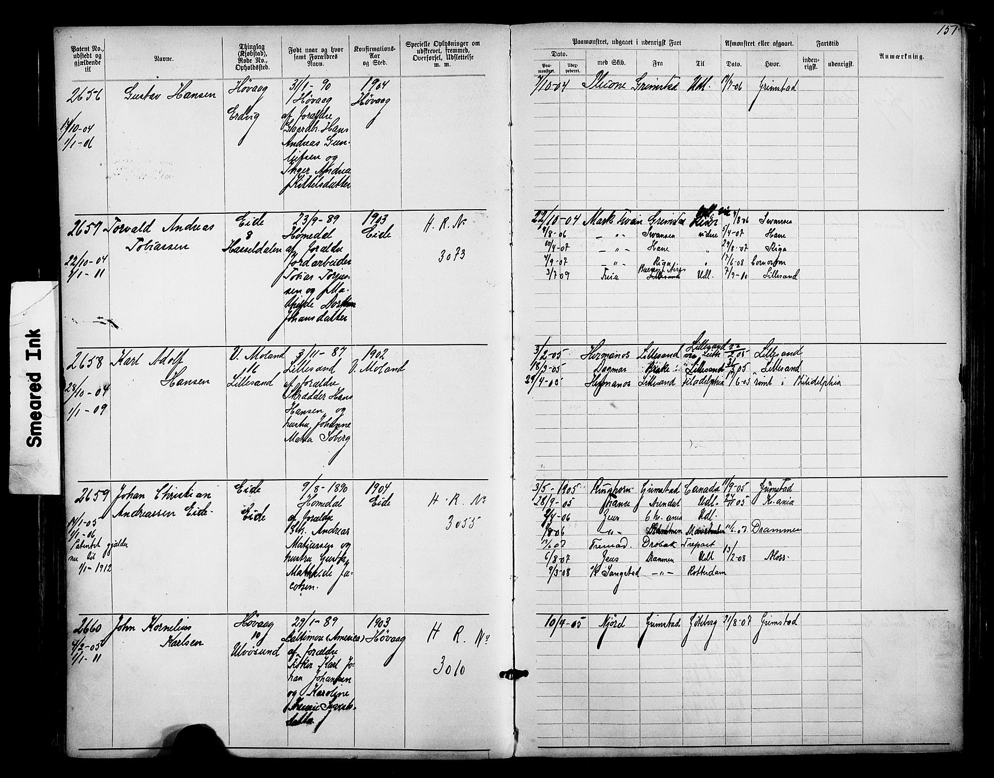 Lillesand mønstringskrets, SAK/2031-0014/F/Fa/L0003: Annotasjonsrulle nr 1911-3489 med register, W-9, 1891-1932, p. 180