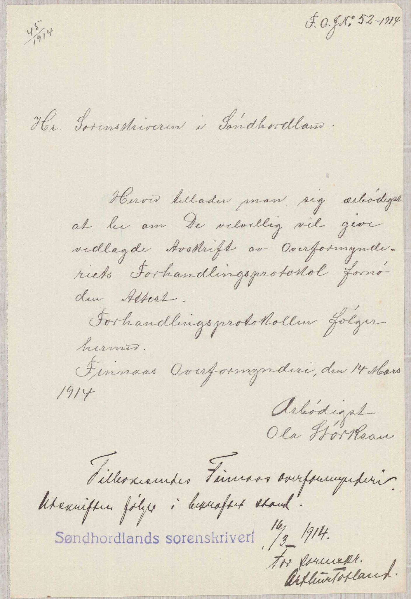 Finnaas kommune. Overformynderiet, IKAH/1218a-812/D/Da/Daa/L0003/0001: Kronologisk ordna korrespondanse / Kronologisk ordna korrespondanse, 1914-1916, p. 14