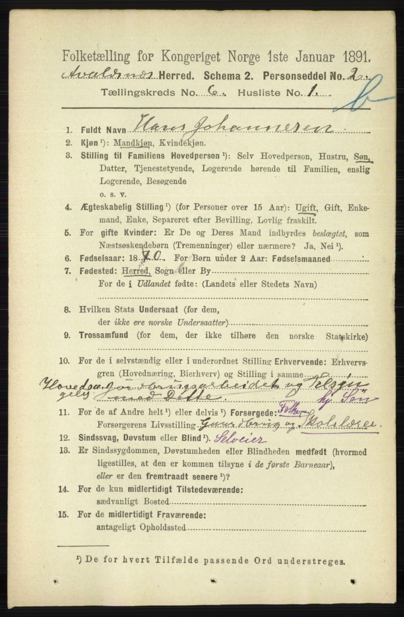 RA, 1891 census for 1147 Avaldsnes, 1891, p. 3236