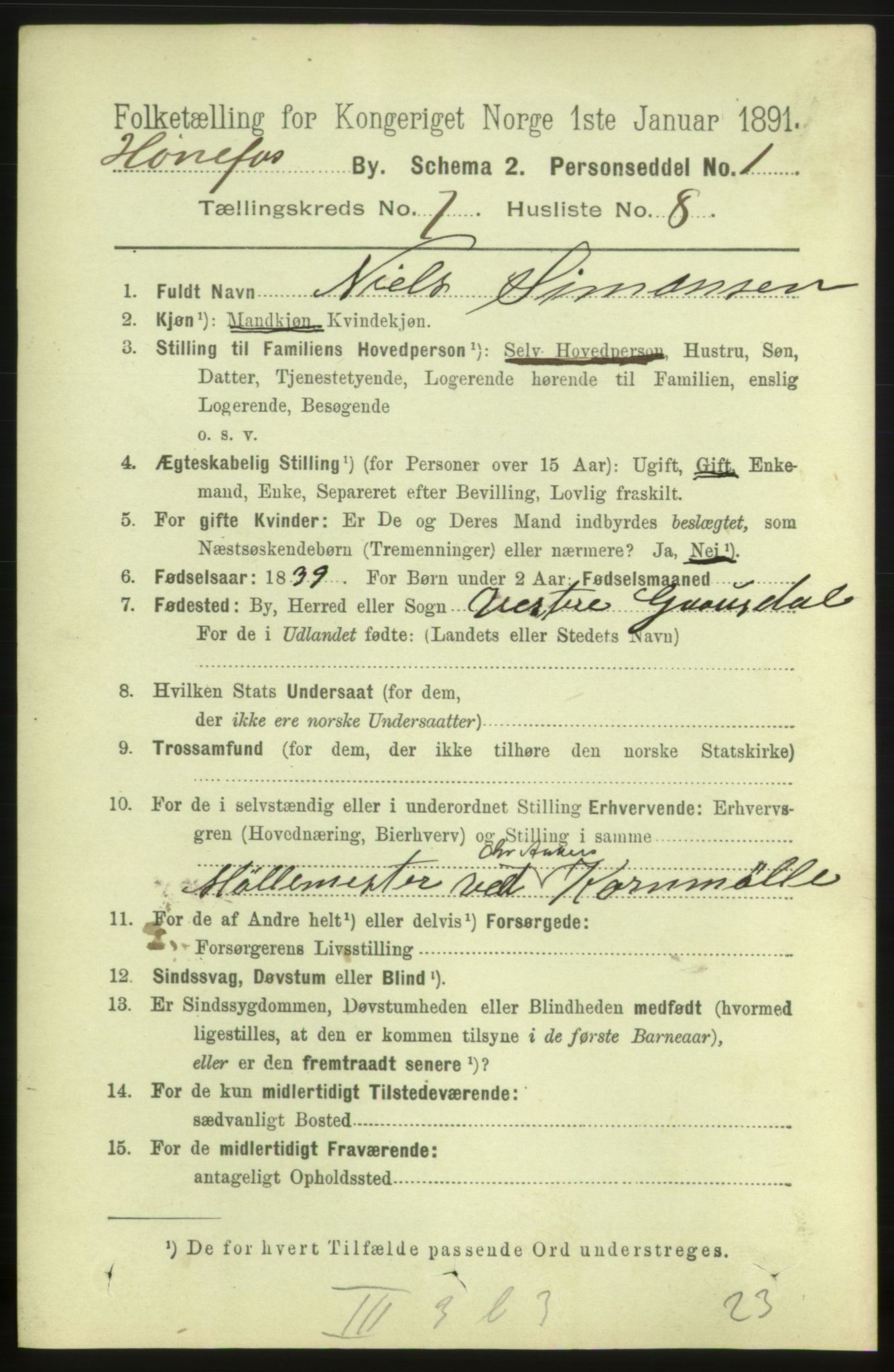 RA, 1891 census for 0601 Hønefoss, 1891, p. 1233