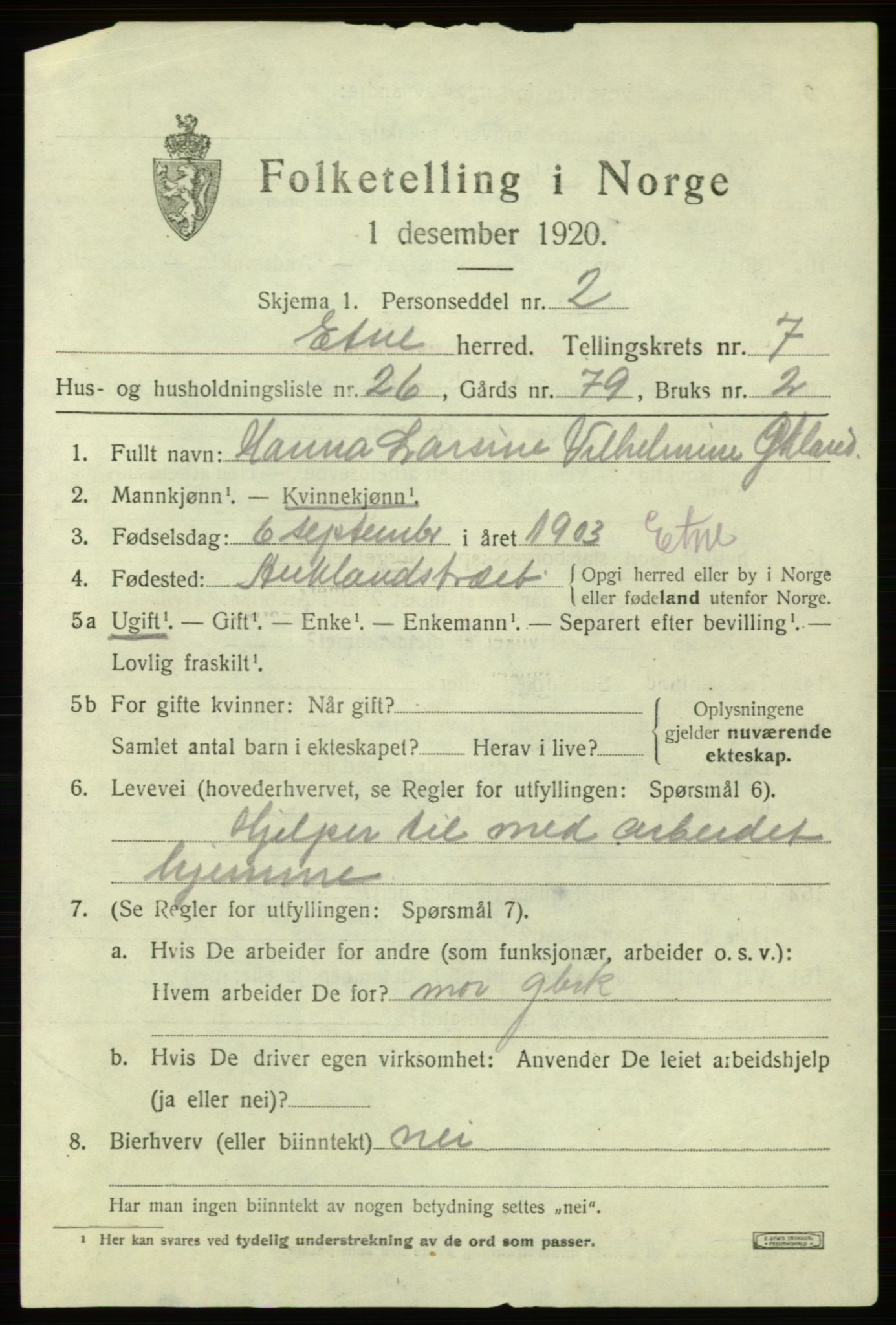 SAB, 1920 census for Etne, 1920, p. 3383