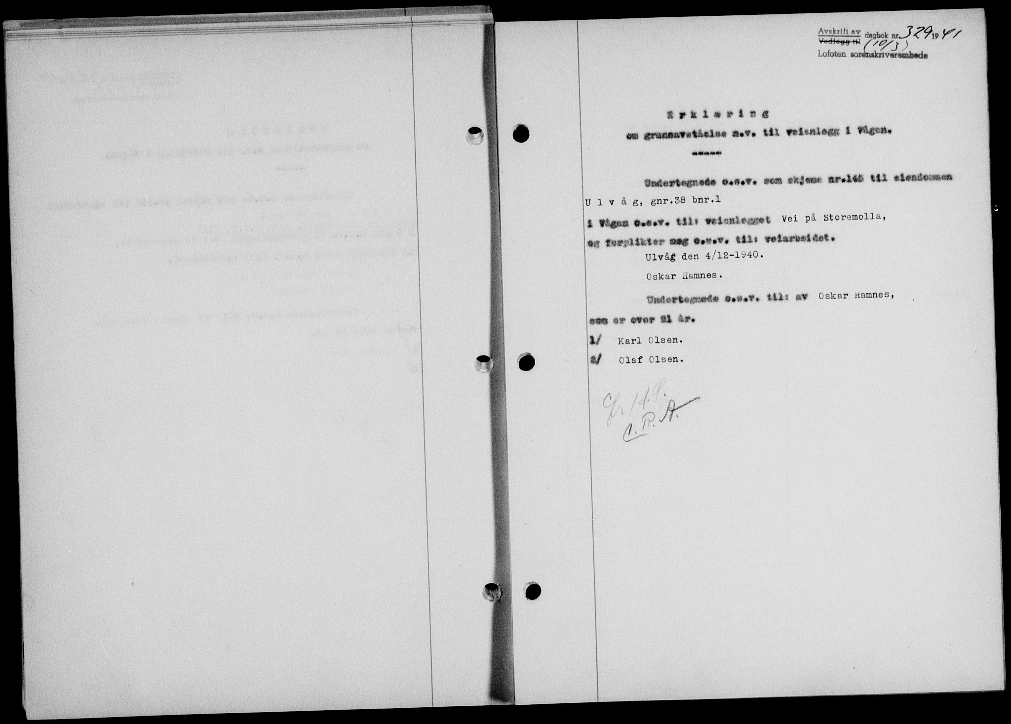 Lofoten sorenskriveri, SAT/A-0017/1/2/2C/L0008a: Mortgage book no. 8a, 1940-1941, Diary no: : 329/1941