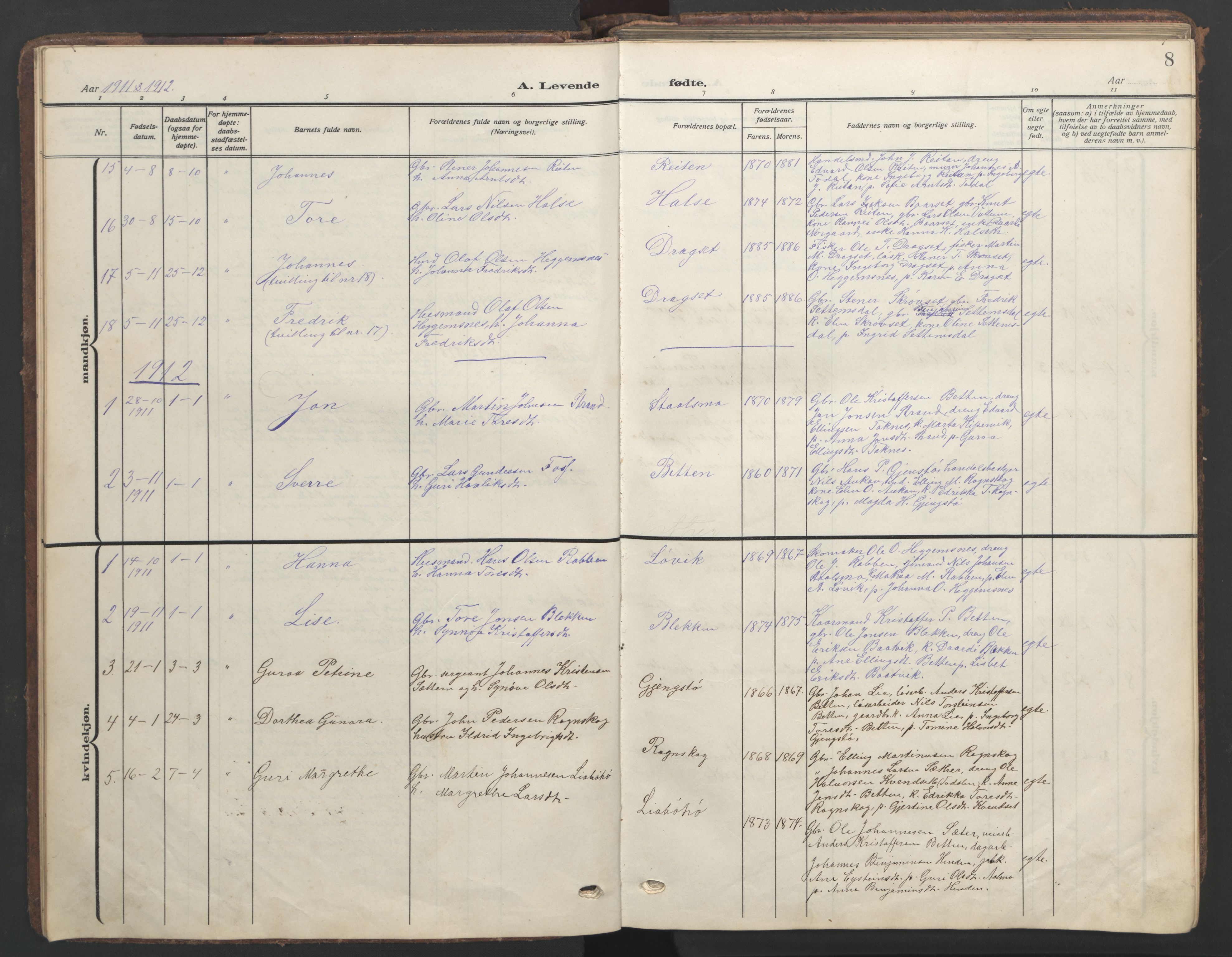 Ministerialprotokoller, klokkerbøker og fødselsregistre - Møre og Romsdal, SAT/A-1454/576/L0891: Parish register (copy) no. 576C02, 1909-1946, p. 8