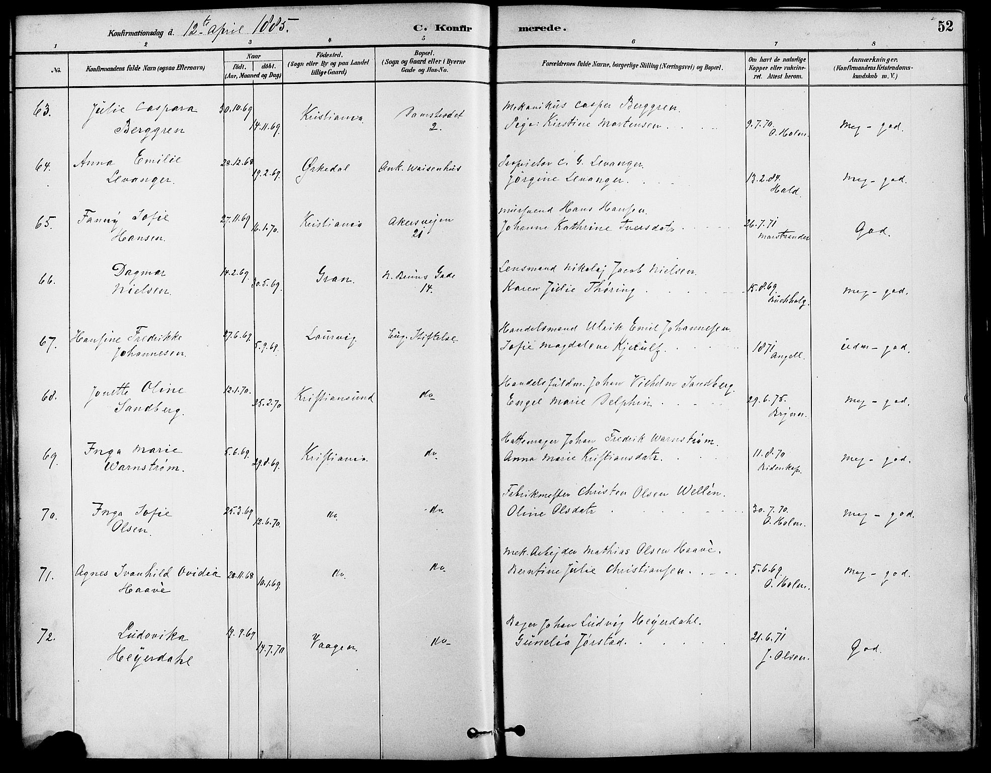 Gamle Aker prestekontor Kirkebøker, AV/SAO-A-10617a/F/L0007: Parish register (official) no. 7, 1882-1890, p. 52