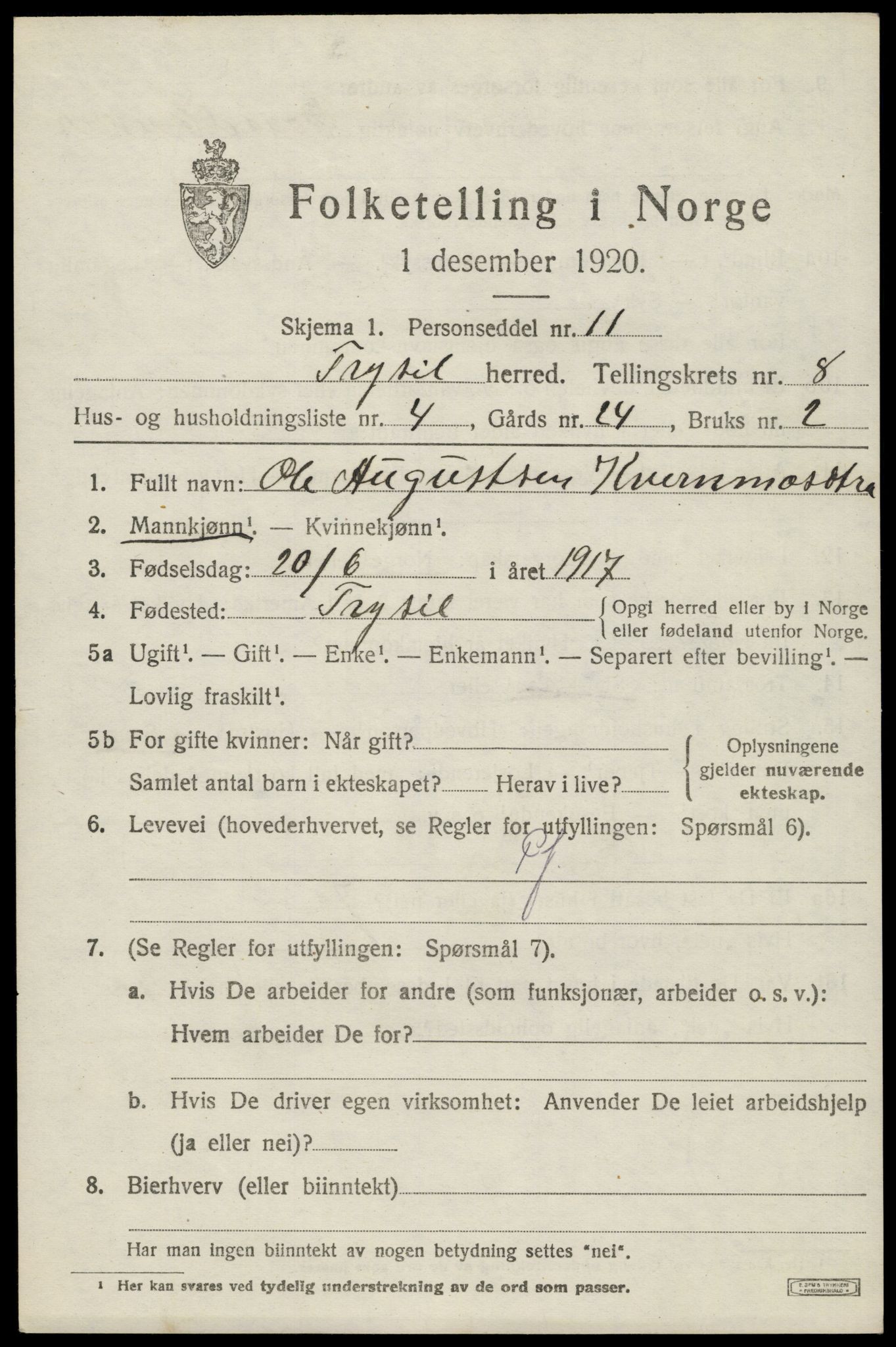 SAH, 1920 census for Trysil, 1920, p. 6287