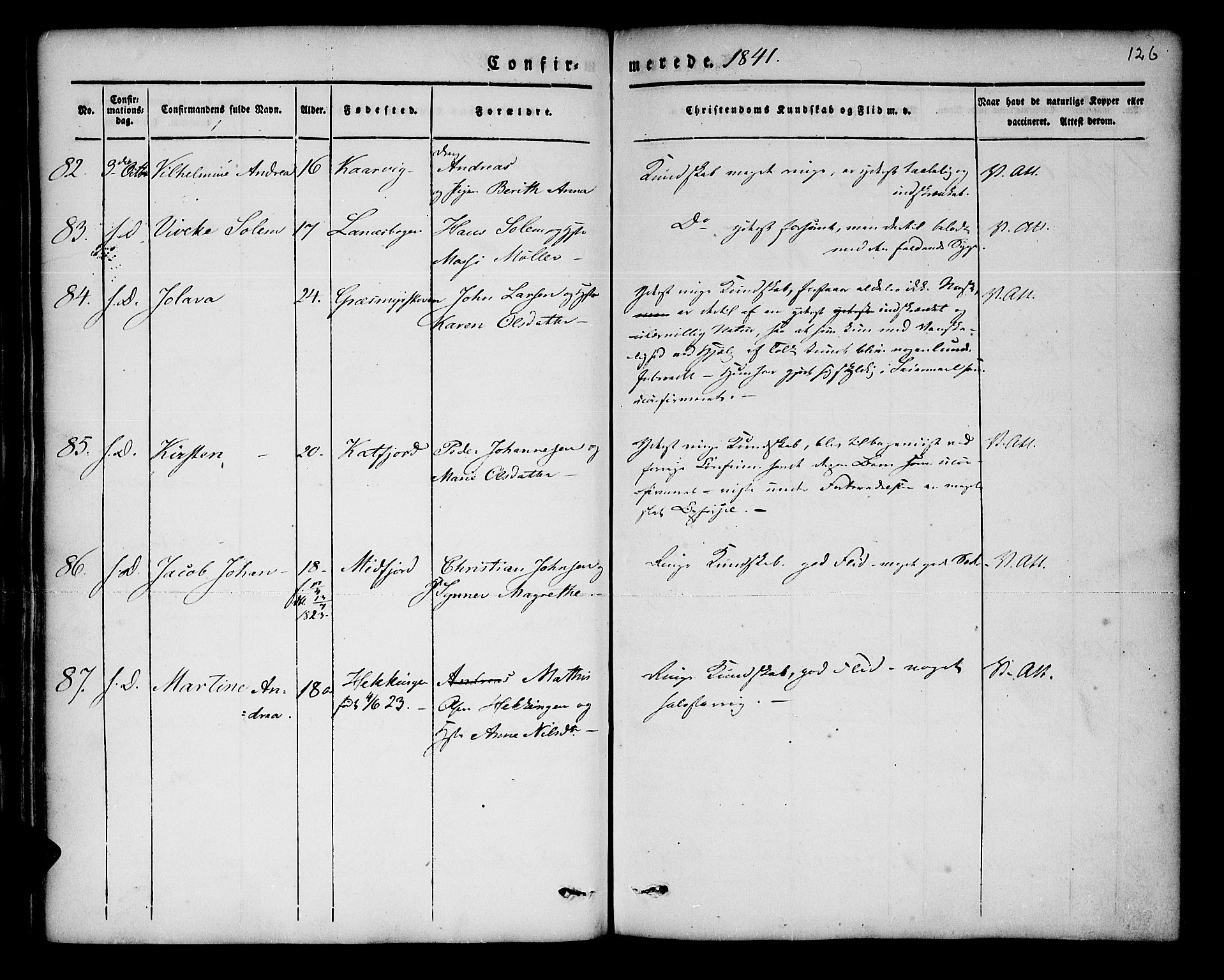 Lenvik sokneprestembete, SATØ/S-1310/H/Ha/Haa/L0004kirke: Parish register (official) no. 4, 1832-1844, p. 126