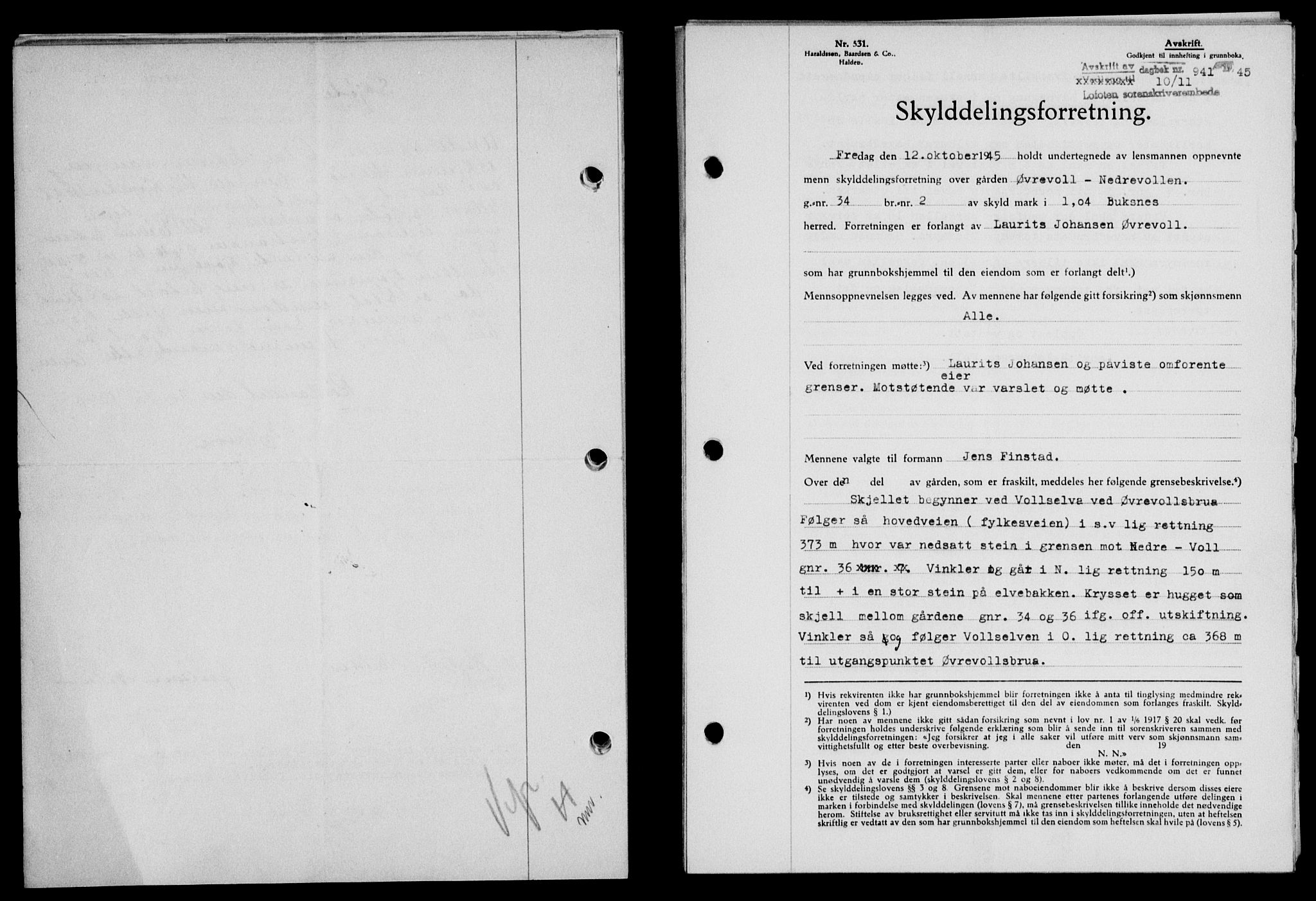 Lofoten sorenskriveri, SAT/A-0017/1/2/2C/L0013a: Mortgage book no. 13a, 1944-1946, Diary no: : 941/1945