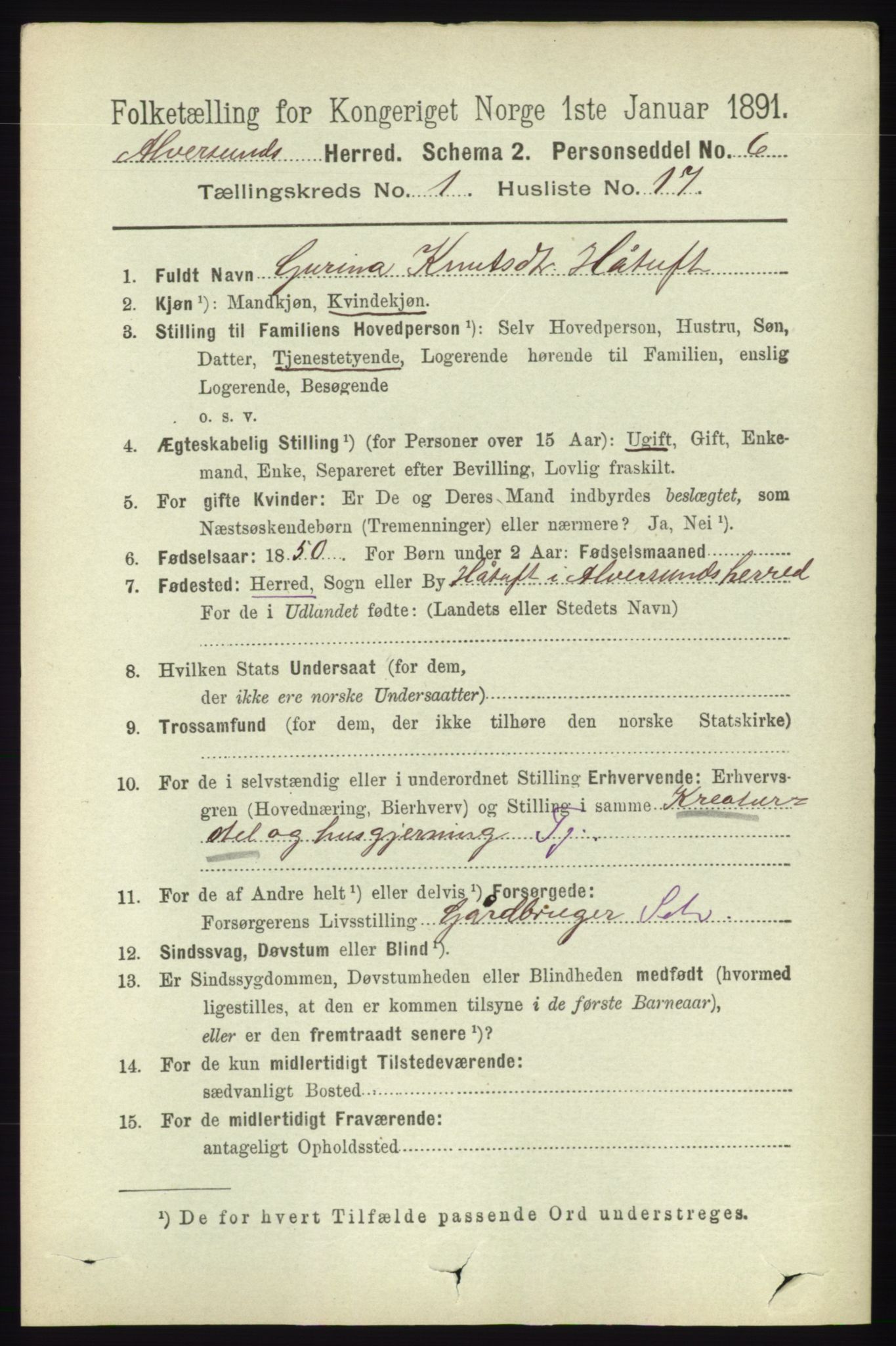RA, 1891 census for 1257 Alversund, 1891, p. 178