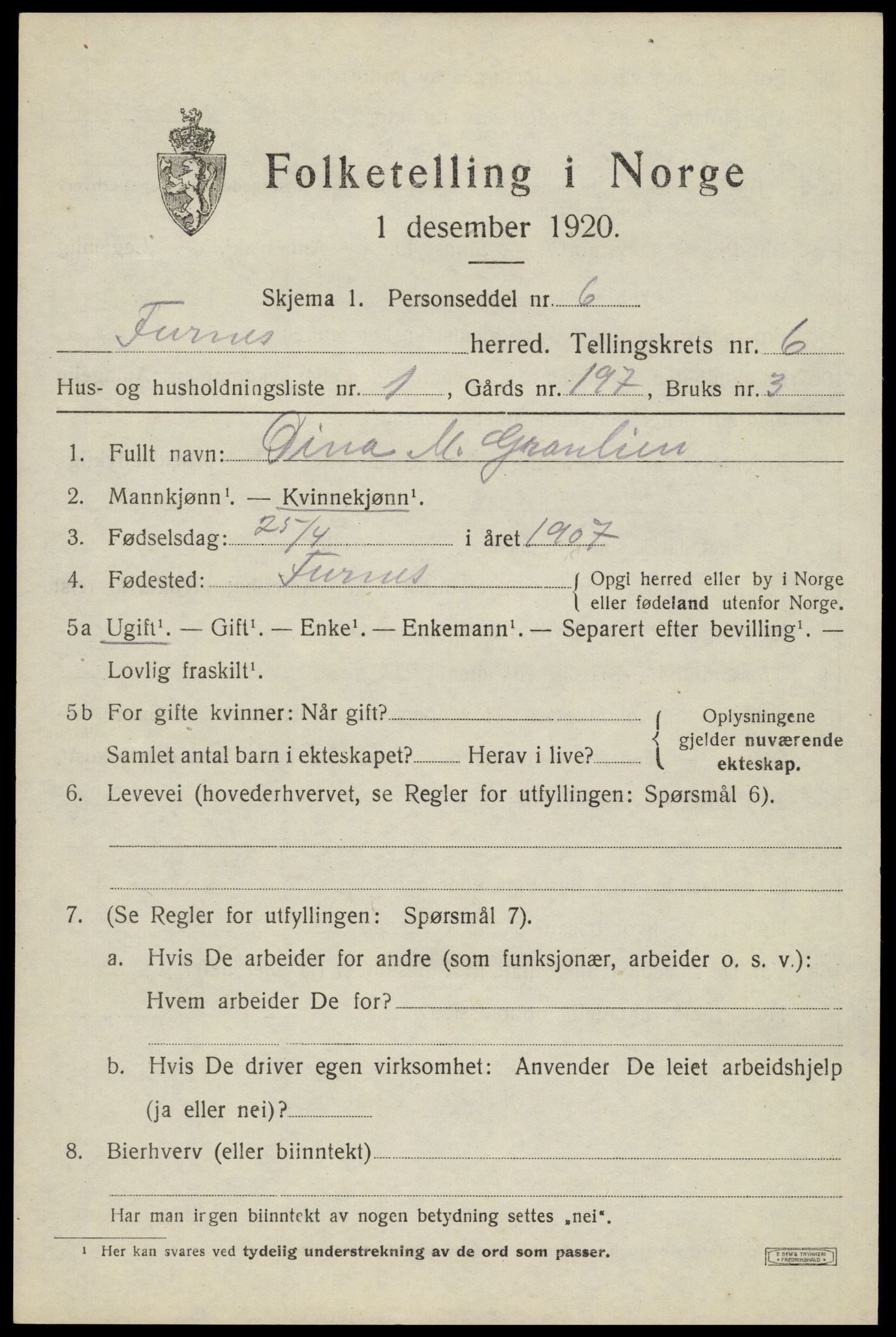 SAH, 1920 census for Furnes, 1920, p. 9625