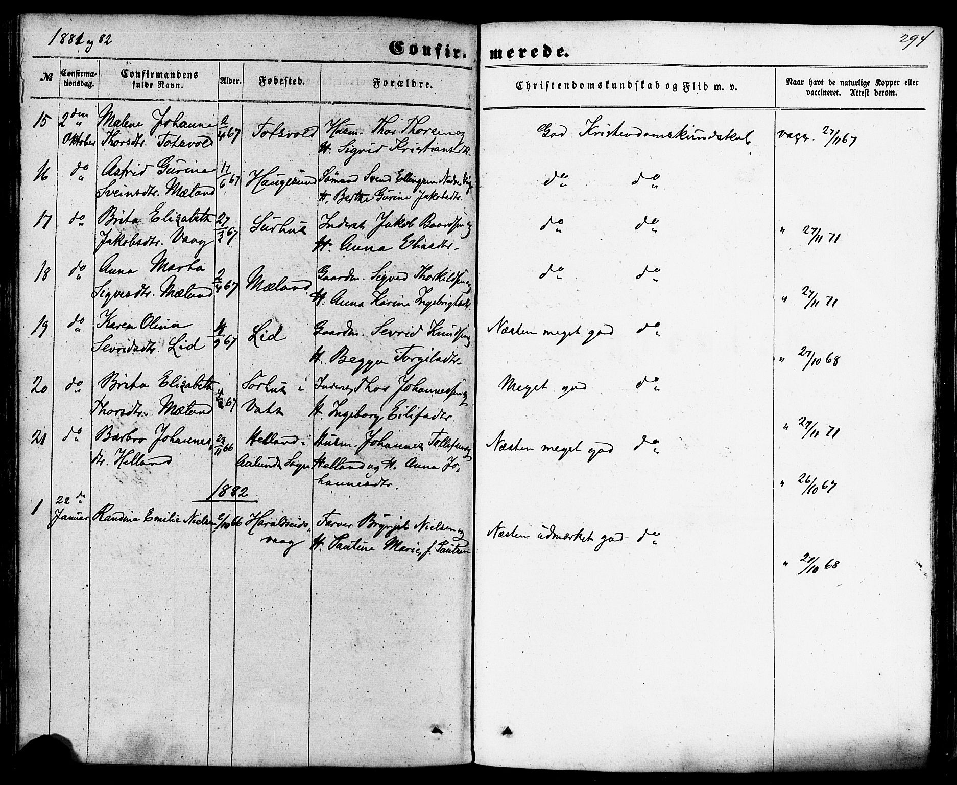 Skjold sokneprestkontor, AV/SAST-A-101847/H/Ha/Haa/L0008: Parish register (official) no. A 8, 1856-1882, p. 294