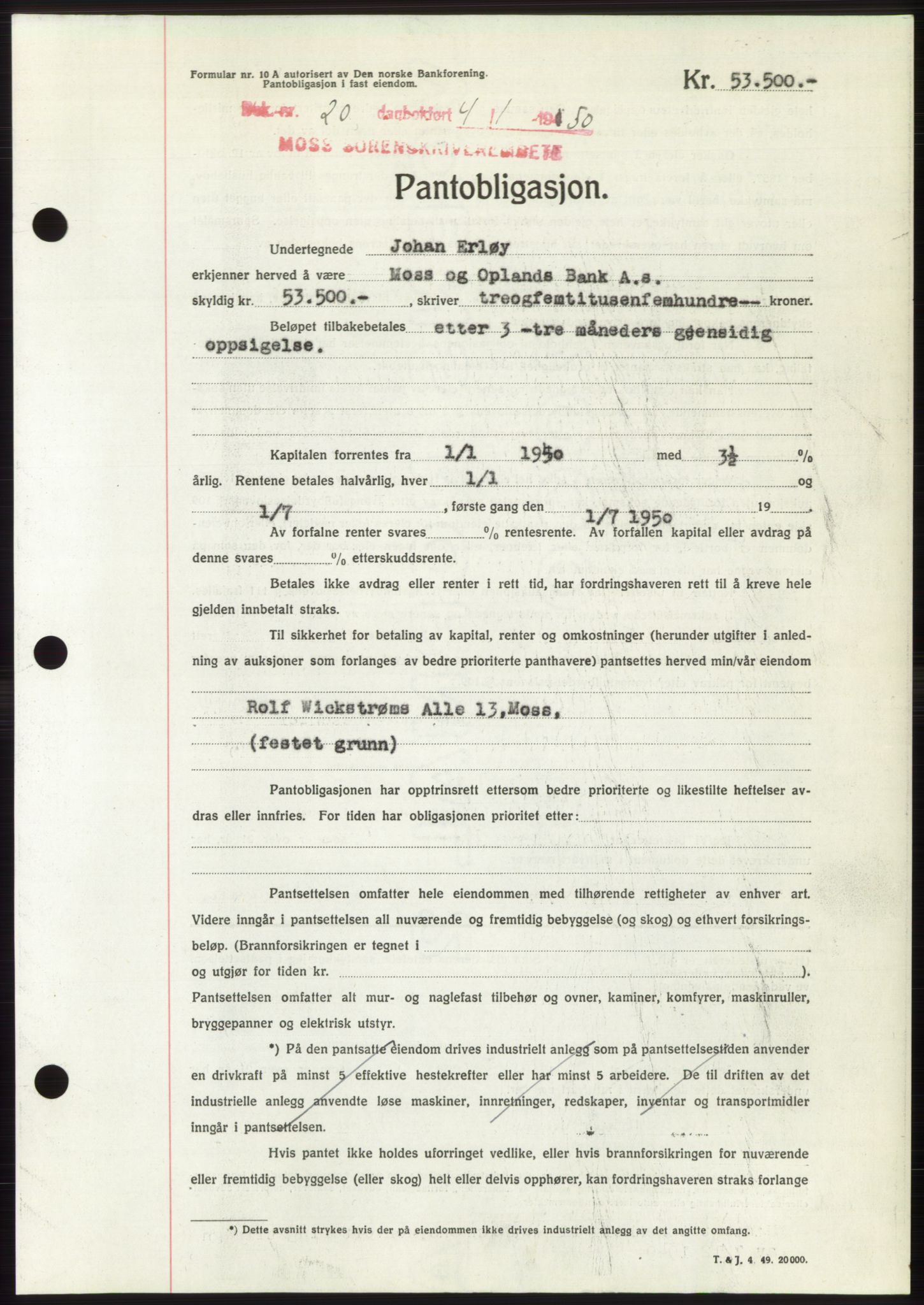 Moss sorenskriveri, SAO/A-10168: Mortgage book no. B23, 1949-1950, Diary no: : 20/1950