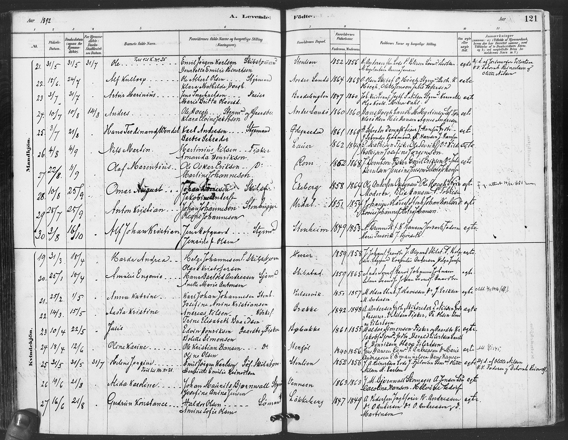 Hvaler prestekontor Kirkebøker, AV/SAO-A-2001/F/Fa/L0008: Parish register (official) no. I 8, 1878-1895, p. 121