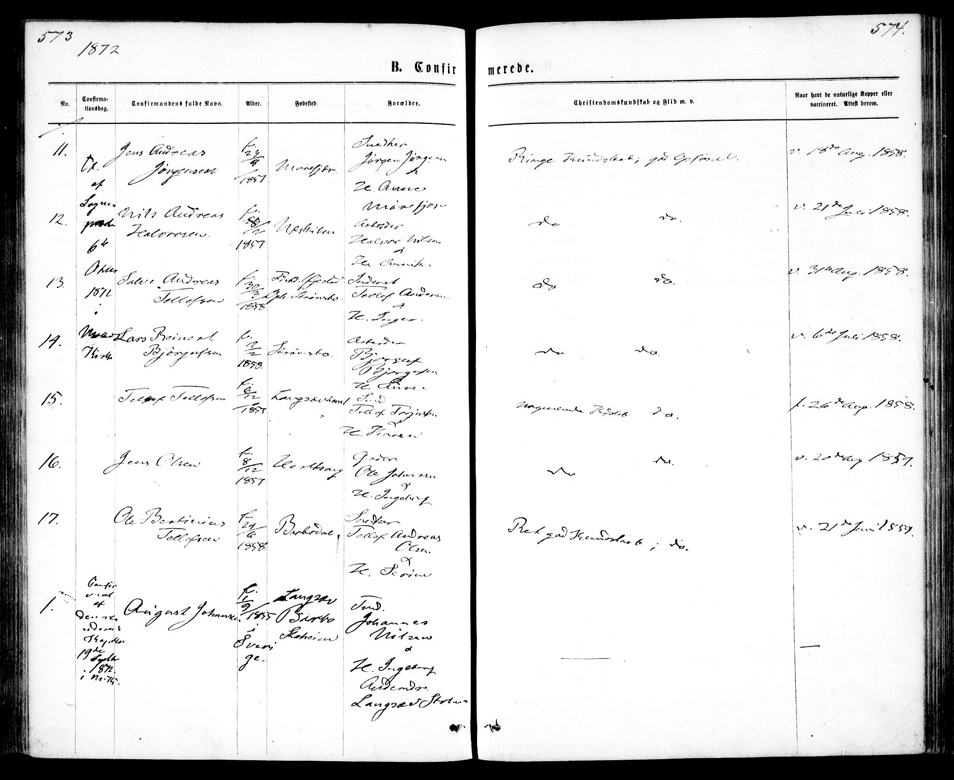 Tromøy sokneprestkontor, AV/SAK-1111-0041/F/Fa/L0008: Parish register (official) no. A 8, 1870-1877, p. 573-574