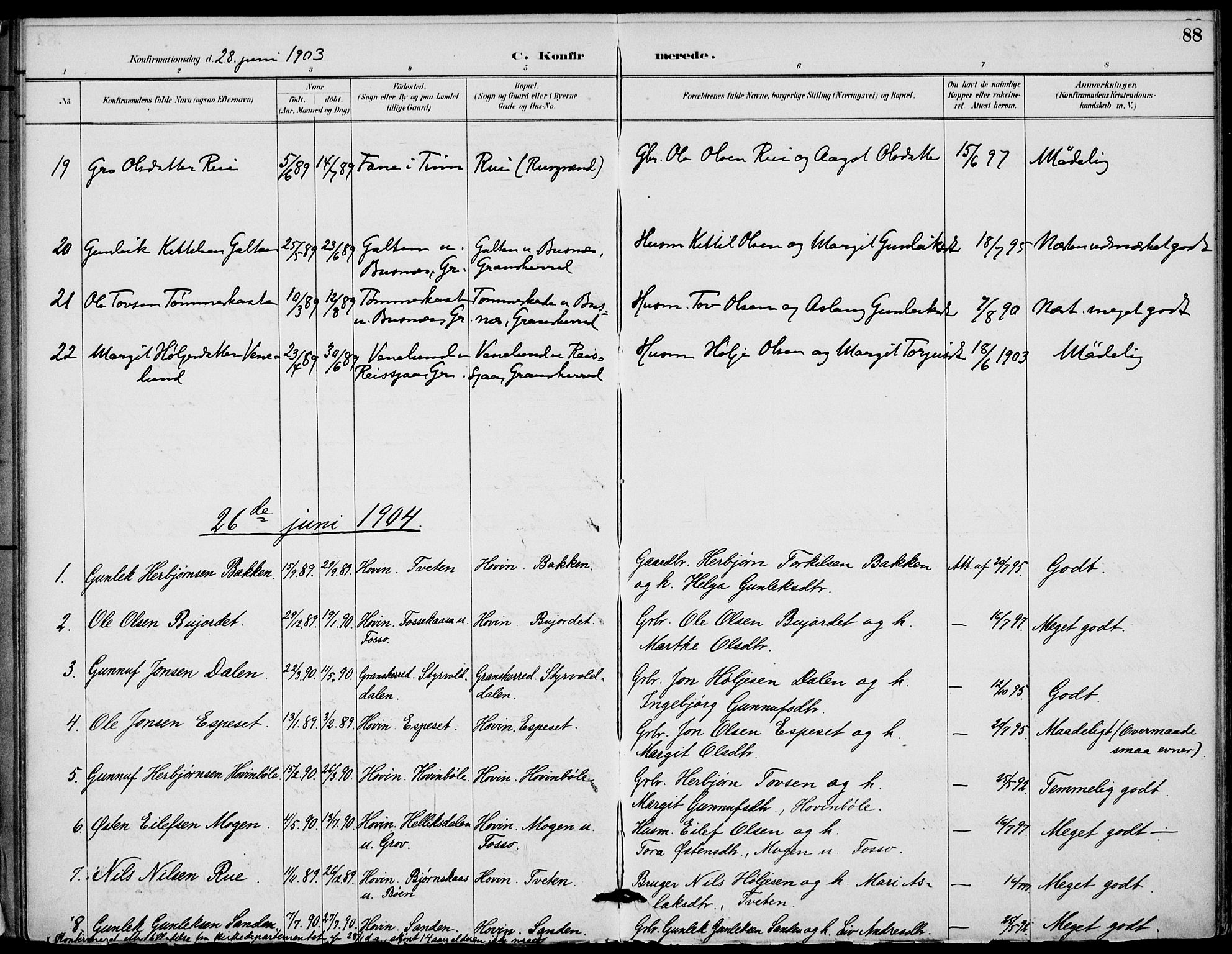 Gransherad kirkebøker, SAKO/A-267/F/Fb/L0005: Parish register (official) no. II 5, 1887-1916, p. 88