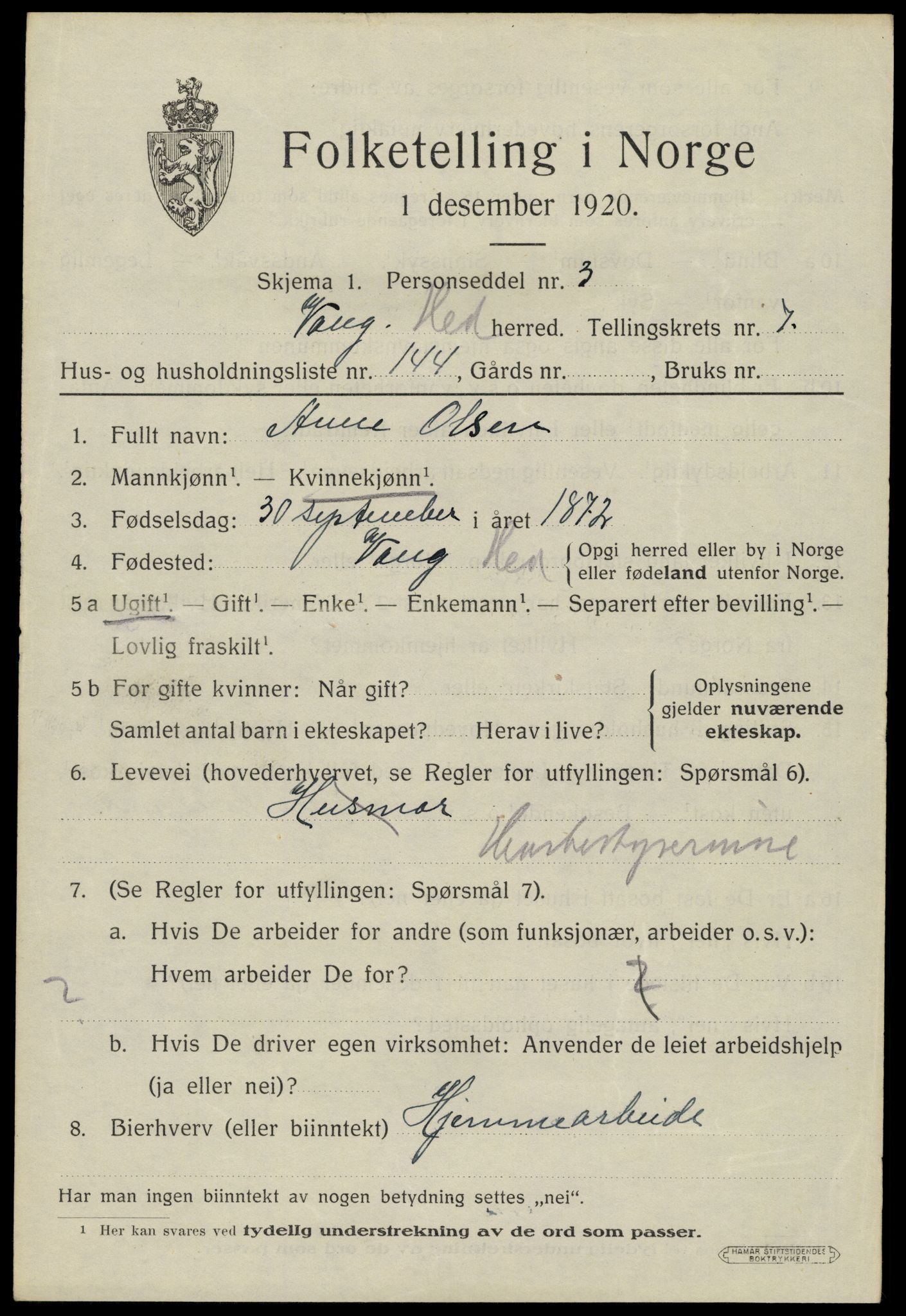 SAH, 1920 census for Vang (Hedmark), 1920, p. 17445